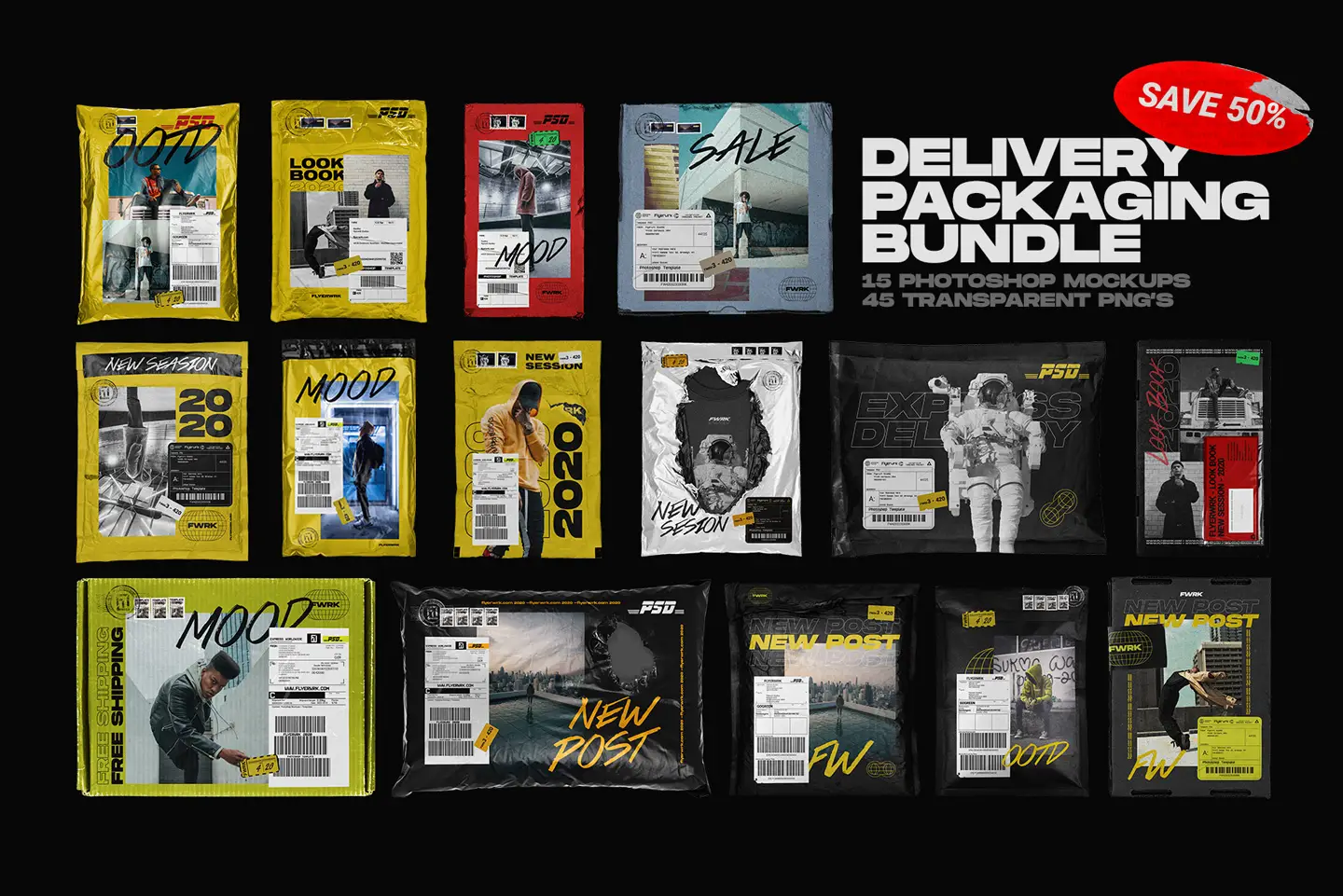 Delivery packaging bundle mockups showing mailing bags parcel packages and carton shipping boxes