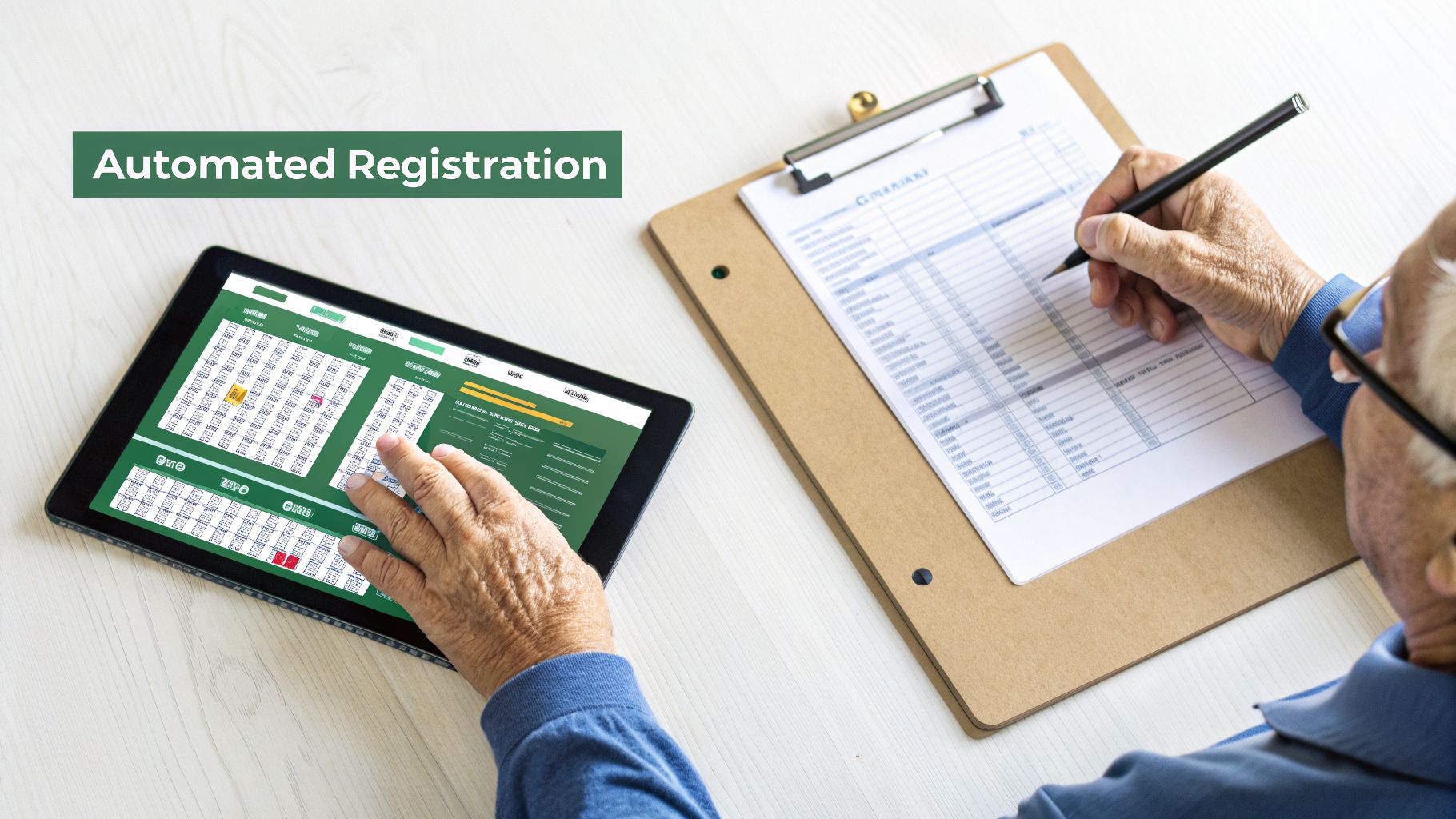 An older person uses a digital tablet with an 'Automated Registration' interface and fills out a paper form.
