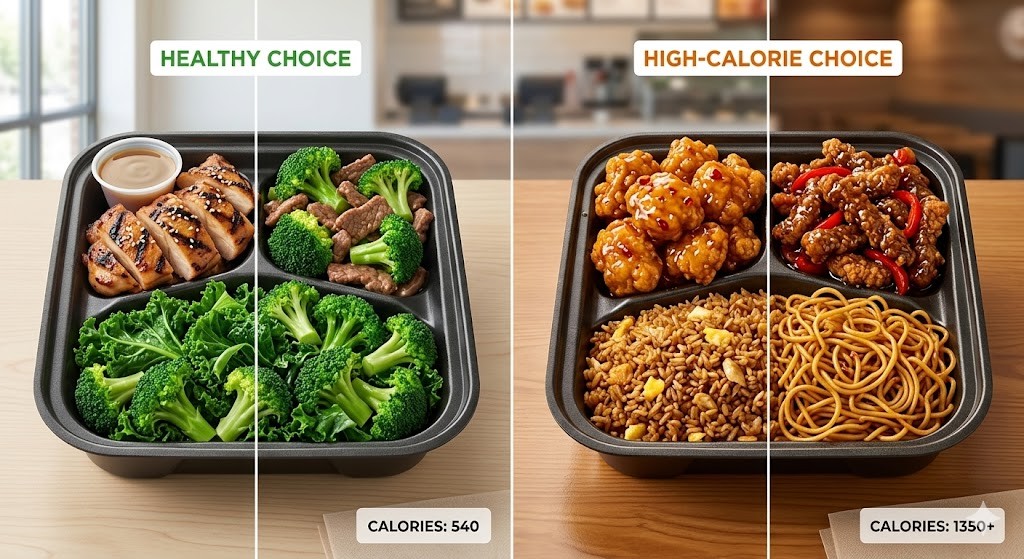 A split-screen comparison of two Panda Express meals, one labeled 'Healthy Choice' with grilled chicken, broccoli, and kale (540 calories), and the other labeled 'High-Calorie Choice' with orange chicken, fried rice, Beijing beef, and chow mein noodles (1350+ calories), showing a fast-food counter background.