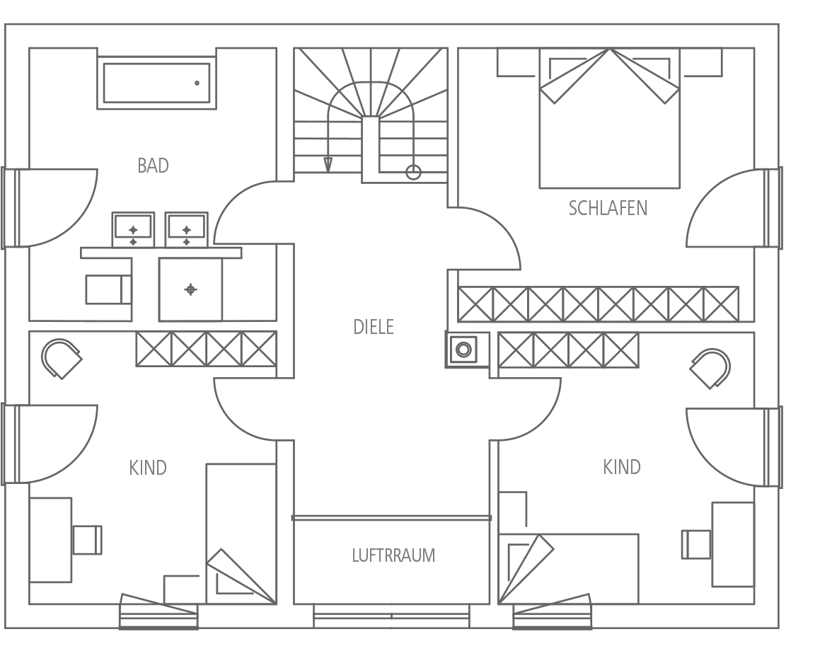 Grundriss eines Hauses mit Schlafzimmer, zwei Kinderzimmern, Bad, Diele und Luftraum.