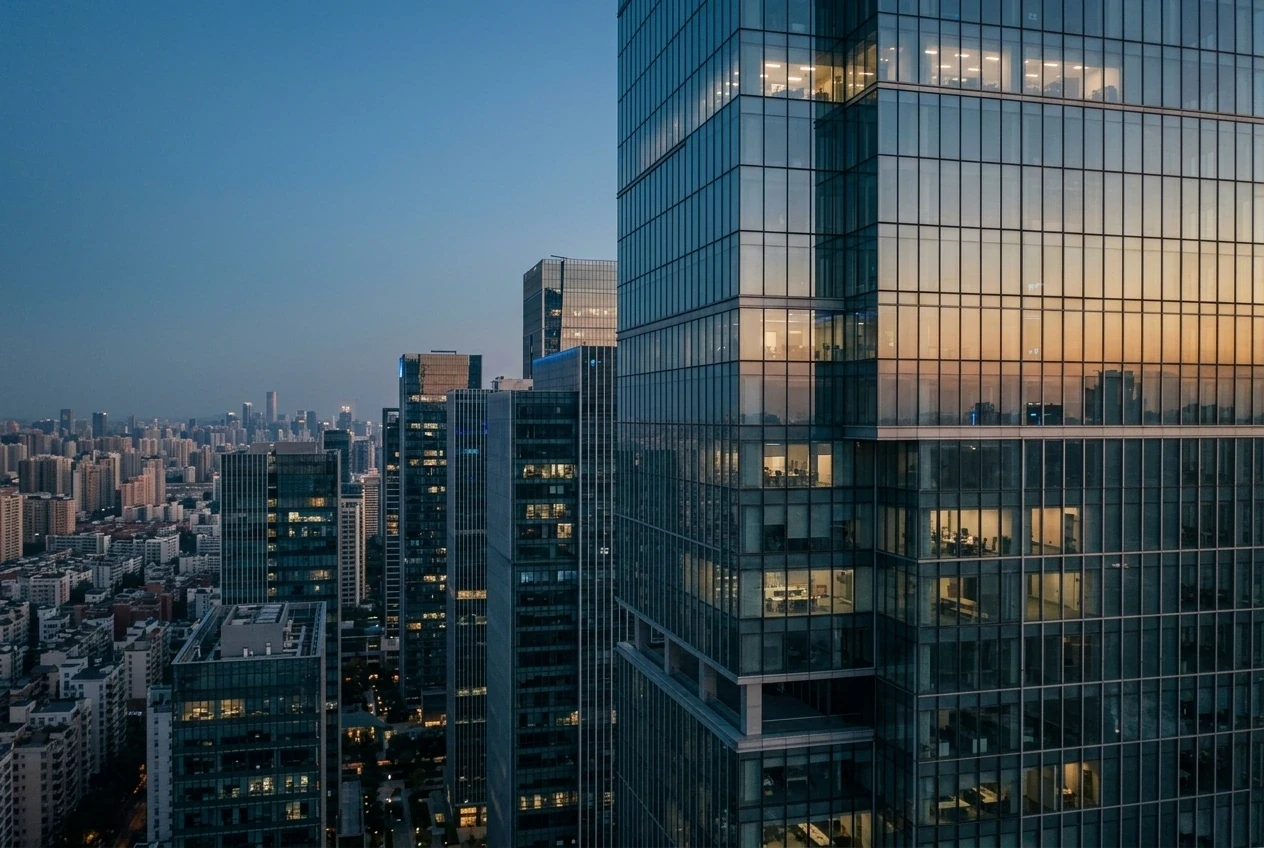 City skyline at dusk with illuminated skyscrapers in the foreground