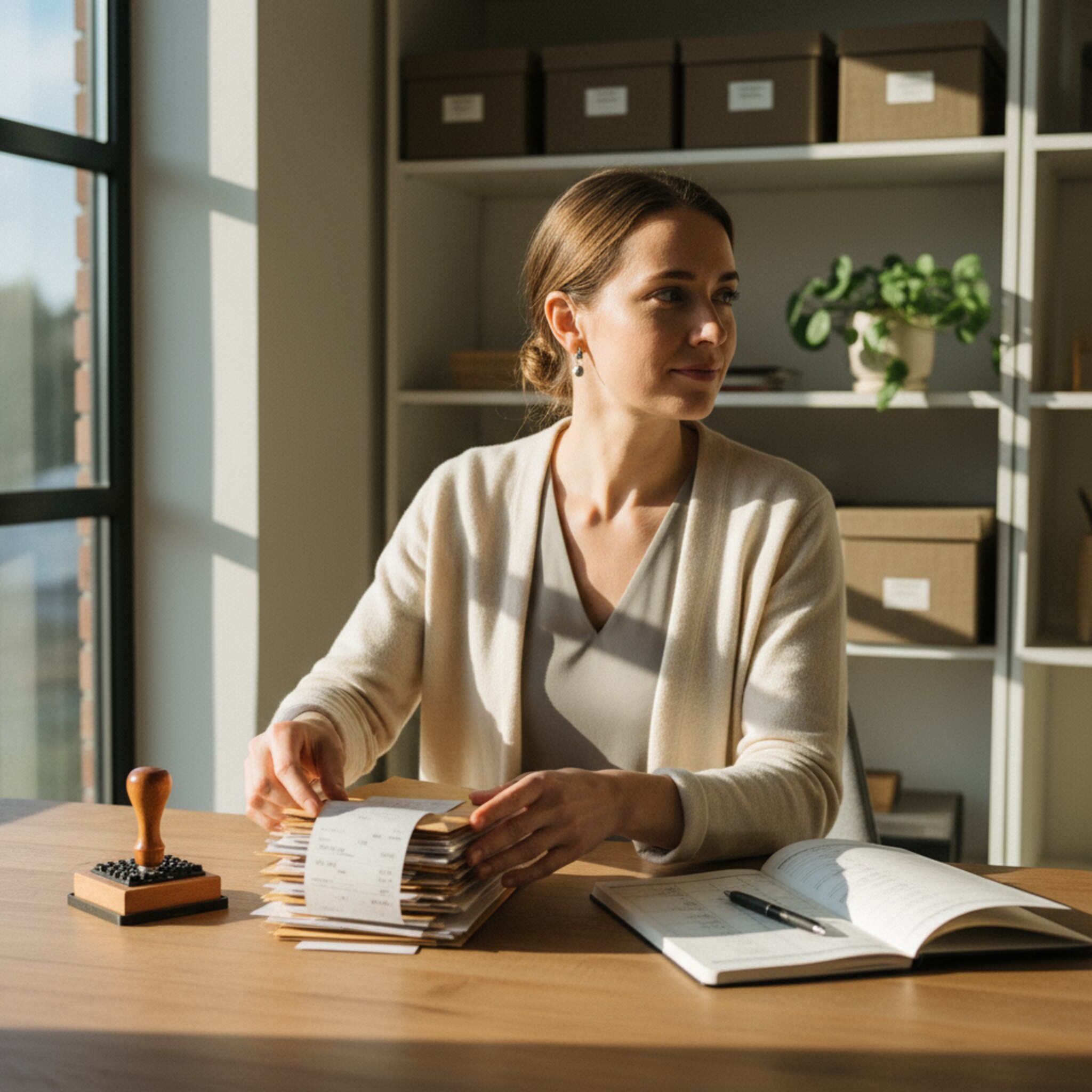 In einem ordentlichen Hinterzimmer sortiert eine Mitarbeiterin Umschläge mit Tourbelegen und beschrifteten Belegenachweisen. Ein Stempel liegt neben akkuraten Stapeln. Durch das Fenster fällt warmes Nachmittagslicht. Das Bild strahlt Übersicht und Verlässlichkeit aus, Zahlen und Abläufe sind klar strukturiert.