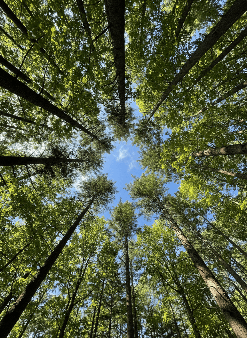 View from the forest floor looking up at tall green trees with blue sky visible through the canopy.