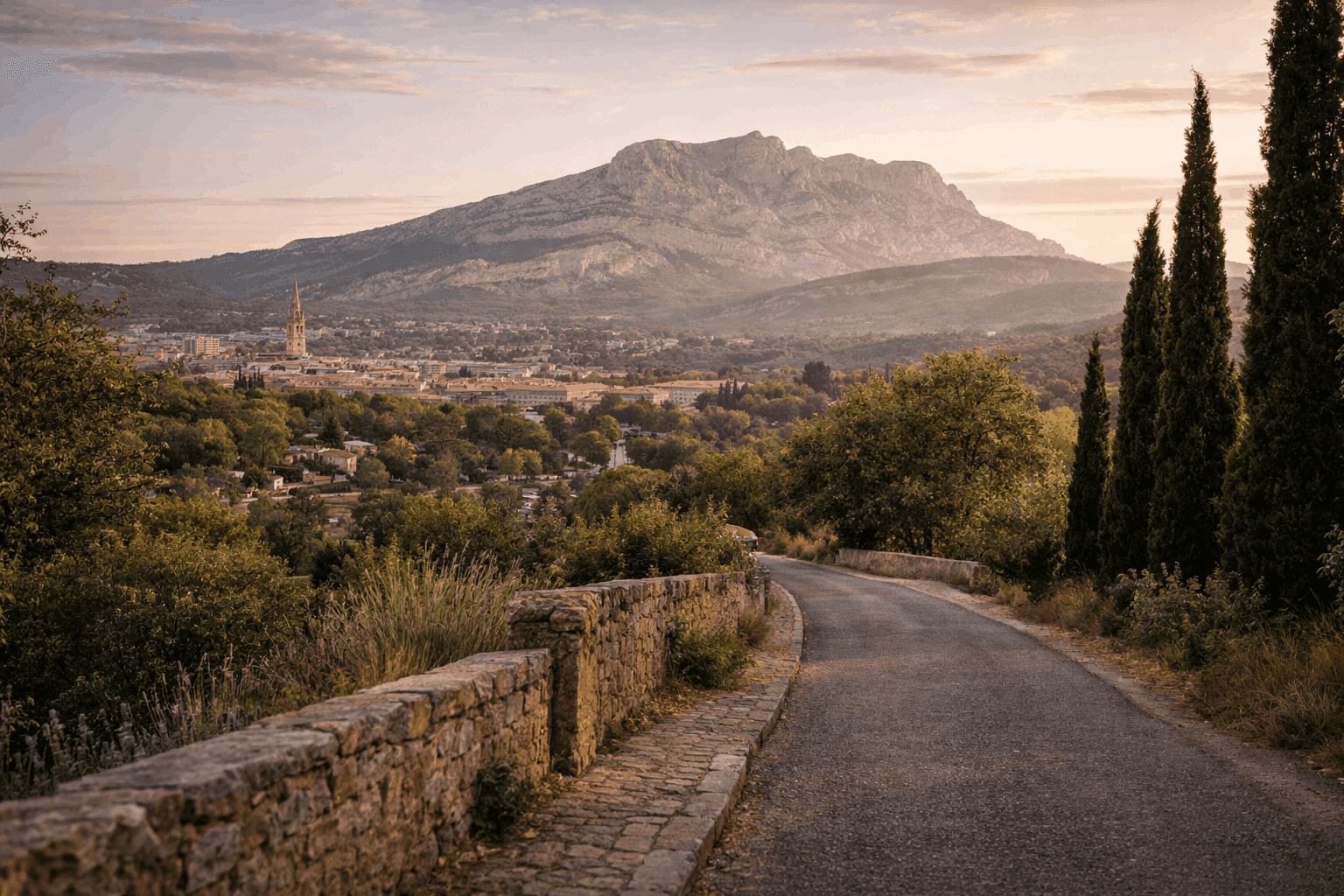 Scenic road in Provence leading to Sainte-Victoire mountain, illustrating the bespoke journeys planned by Ackeron.