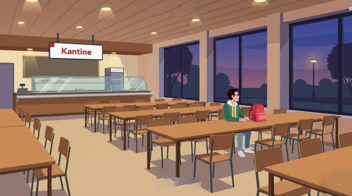 Illustration of a teenage boy sitting alone in an empty school cafeteria late in the day.