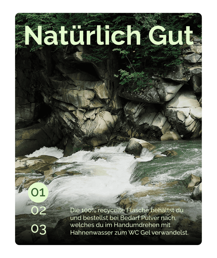 Clean 1885 content card with a nature river photo, bold green headline "Natürlich Gut", and a numbered list explaining the recyclable bottle refill concept