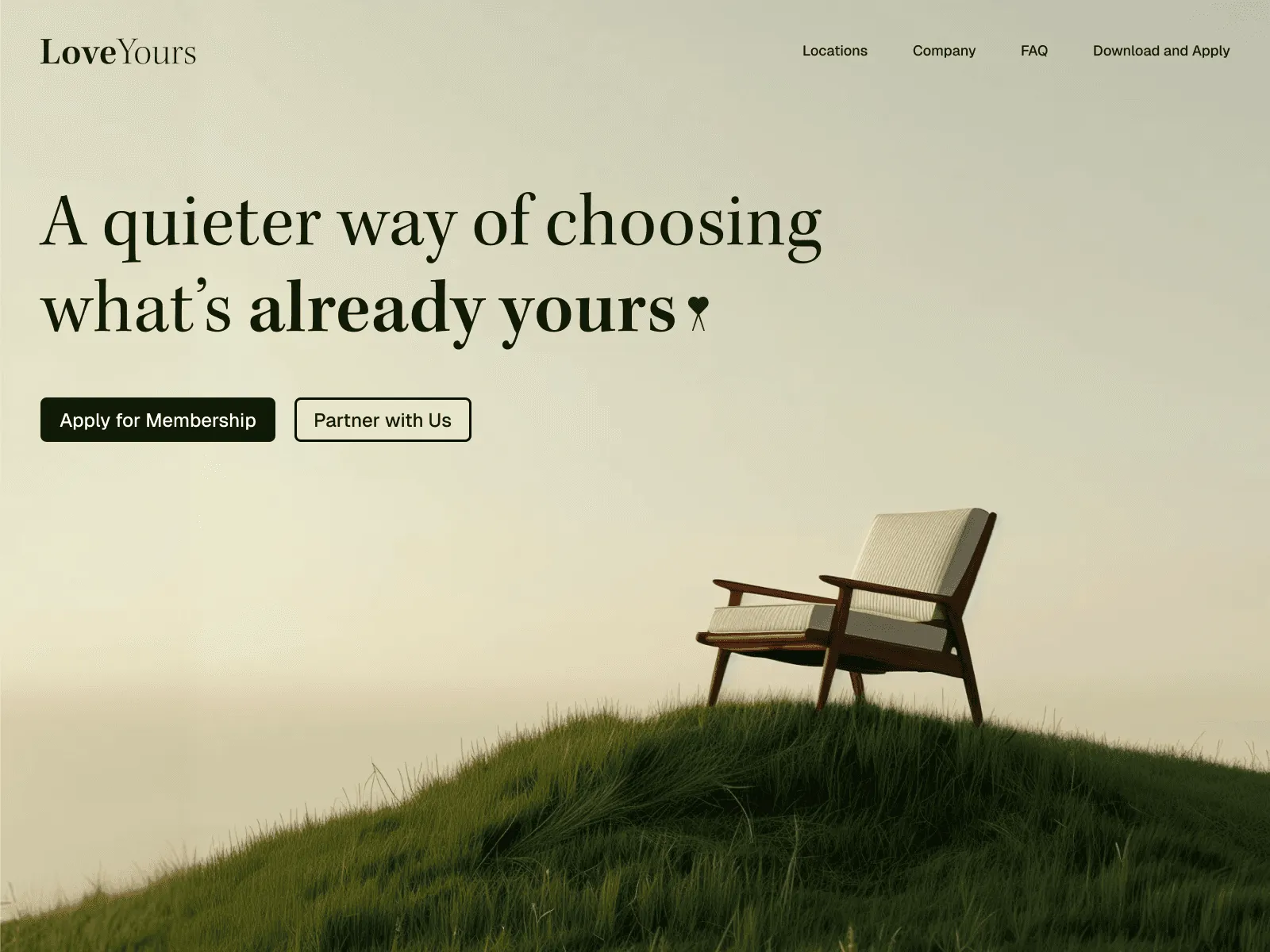 A serene landscape featuring a lone chair on a grassy hill, with a soft background and inspirational text.