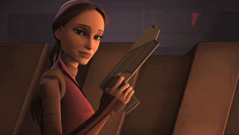 A pony-tailed padme holding a gun