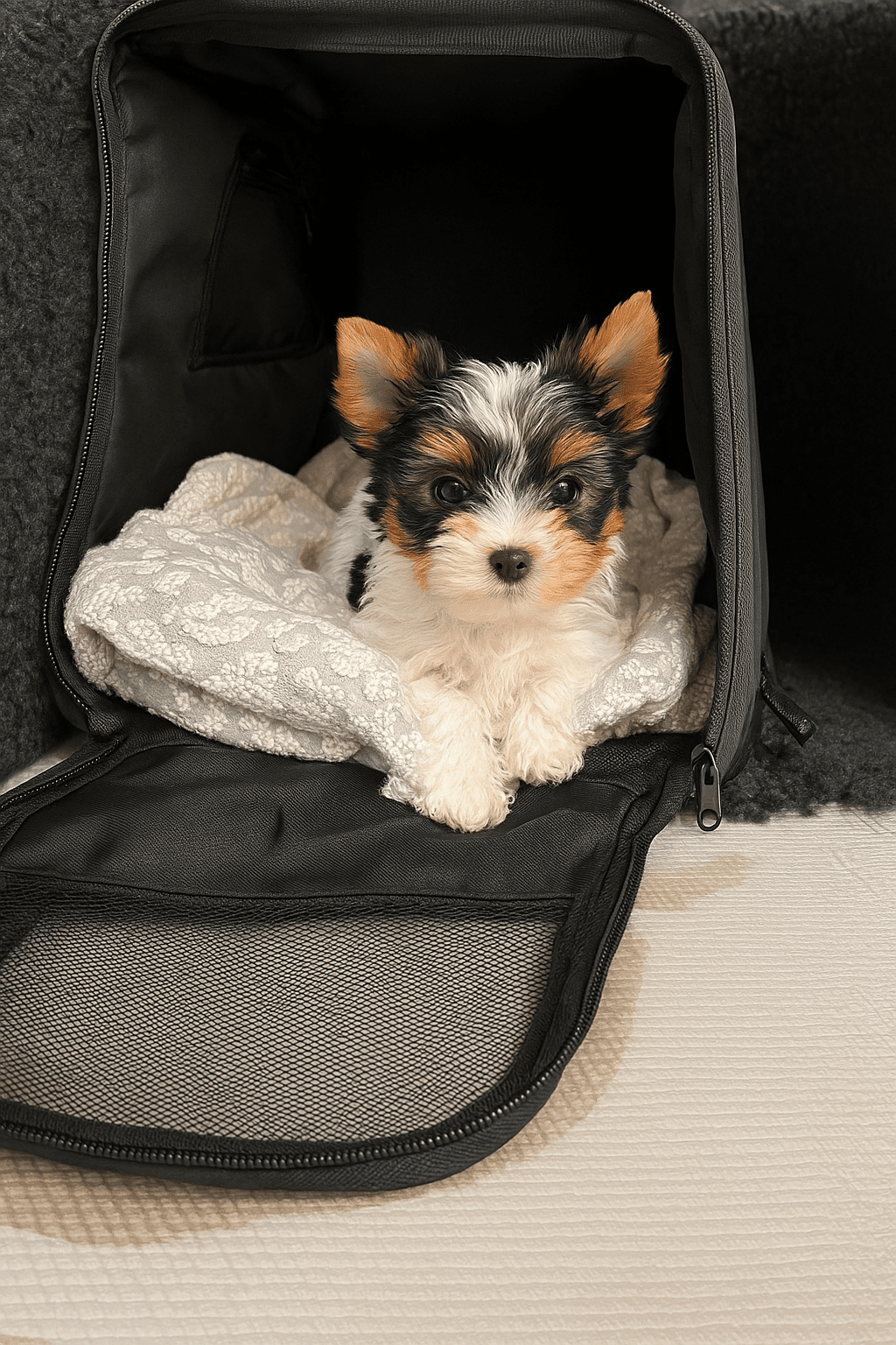 Small puppy in soft pet carrier – safe puppy pickup service
