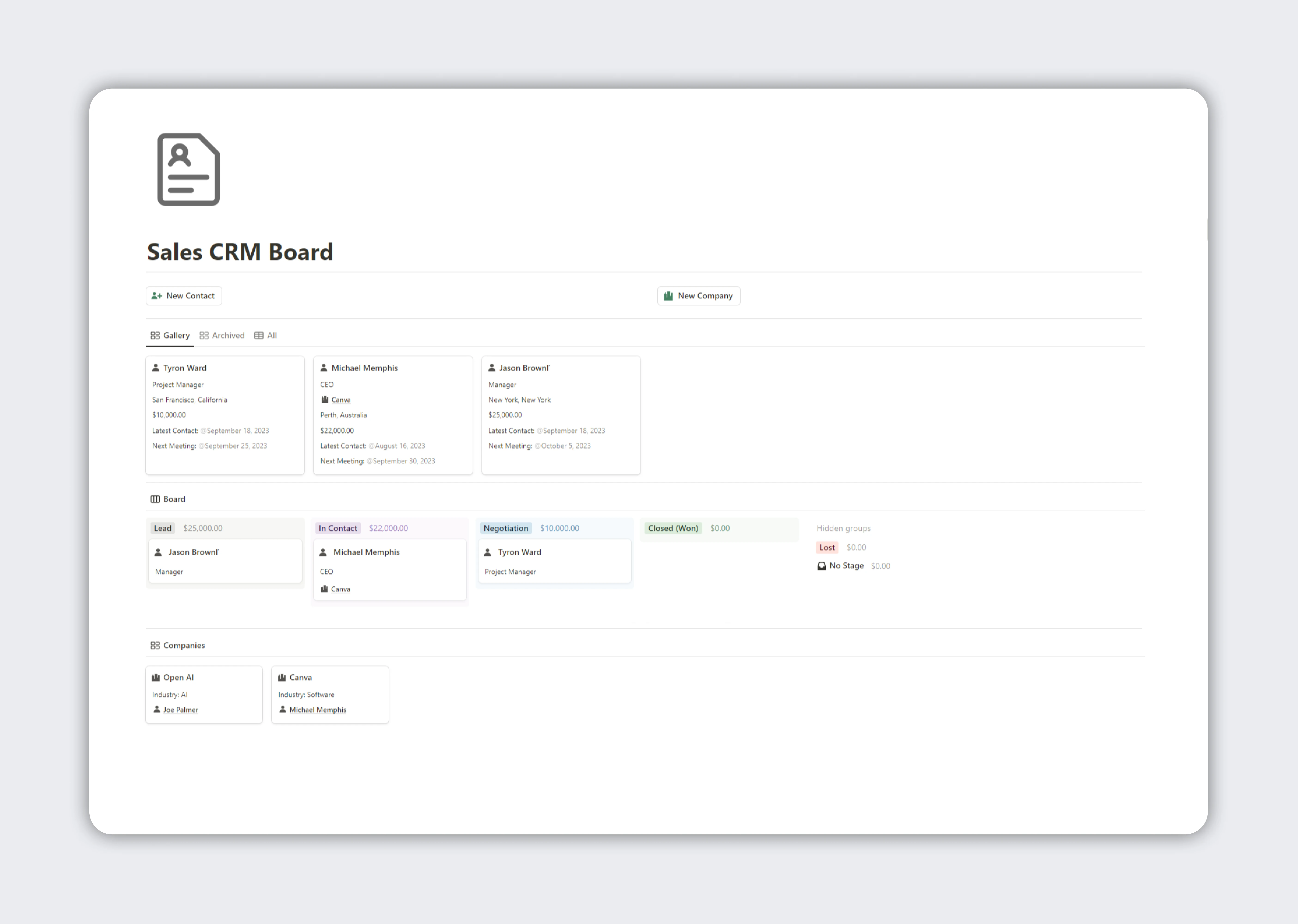 Notion CRM Board