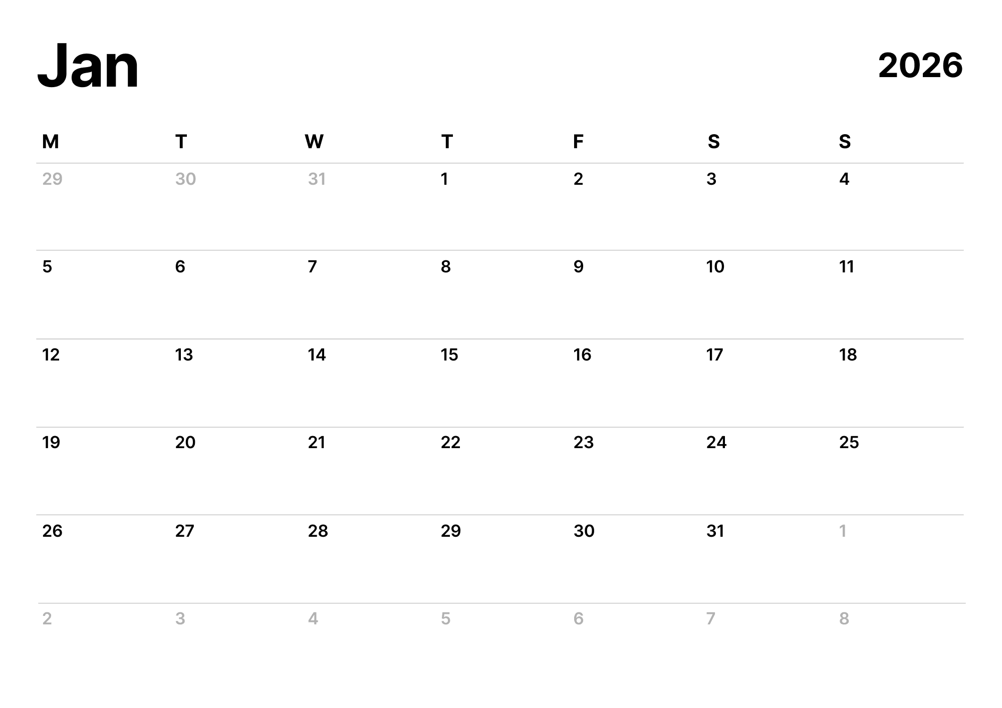 2025 Minimalist Monthly Calendar Planner