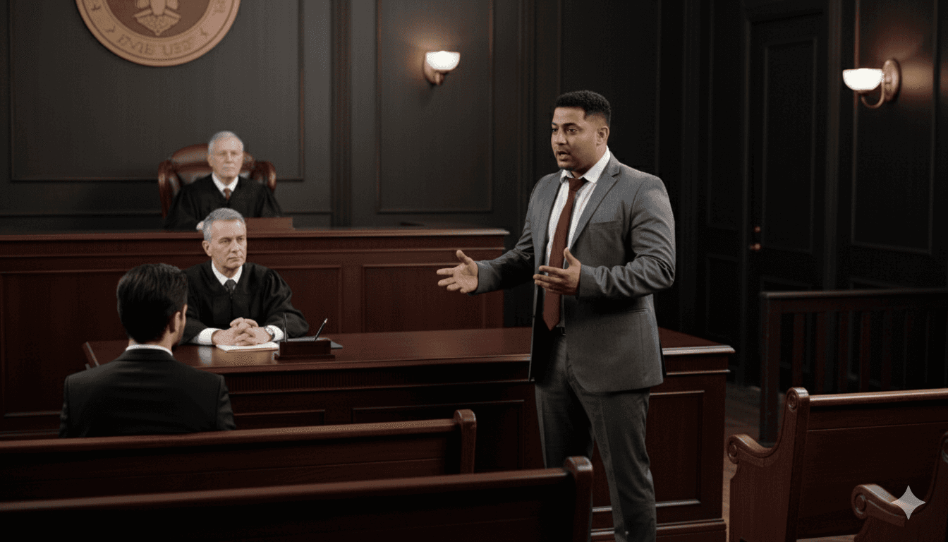 Lawyer is arguing in courtroom