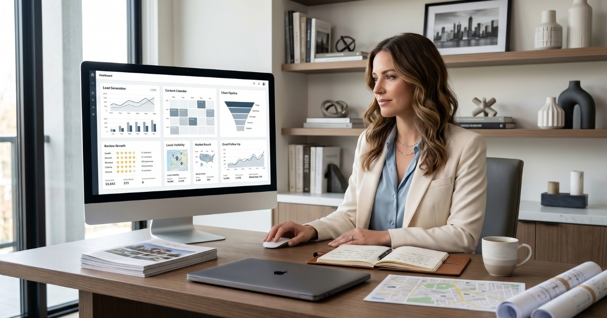 A real estate professional reviewing inbound lead generation metrics and content calendars on a computer monitor.