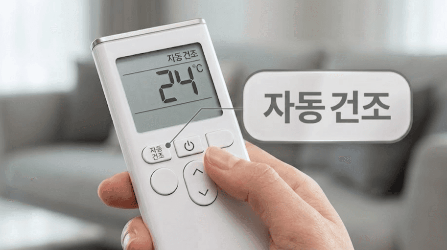 에어컨 리모컨으로 자동 건조 기능을 설정하는 모습. 에어컨 청소 후 내부 습기를 제거해 곰팡이 재발을 방지하는 관리법