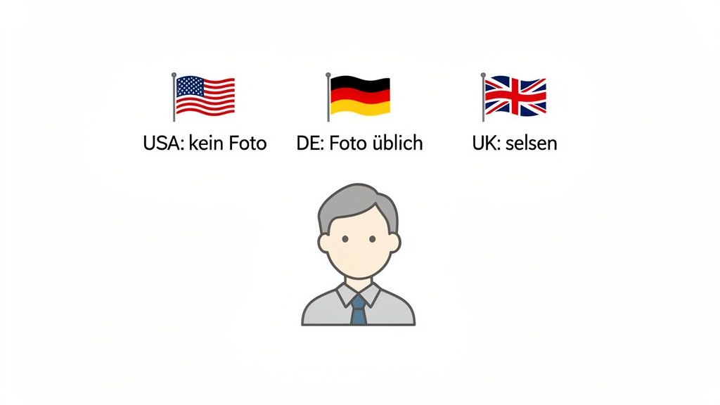 Grafik vergleicht die Nutzung von Bewerbungsfotos in den USA (kein Foto), Deutschland (Foto üblich) und Großbritannien (selten).