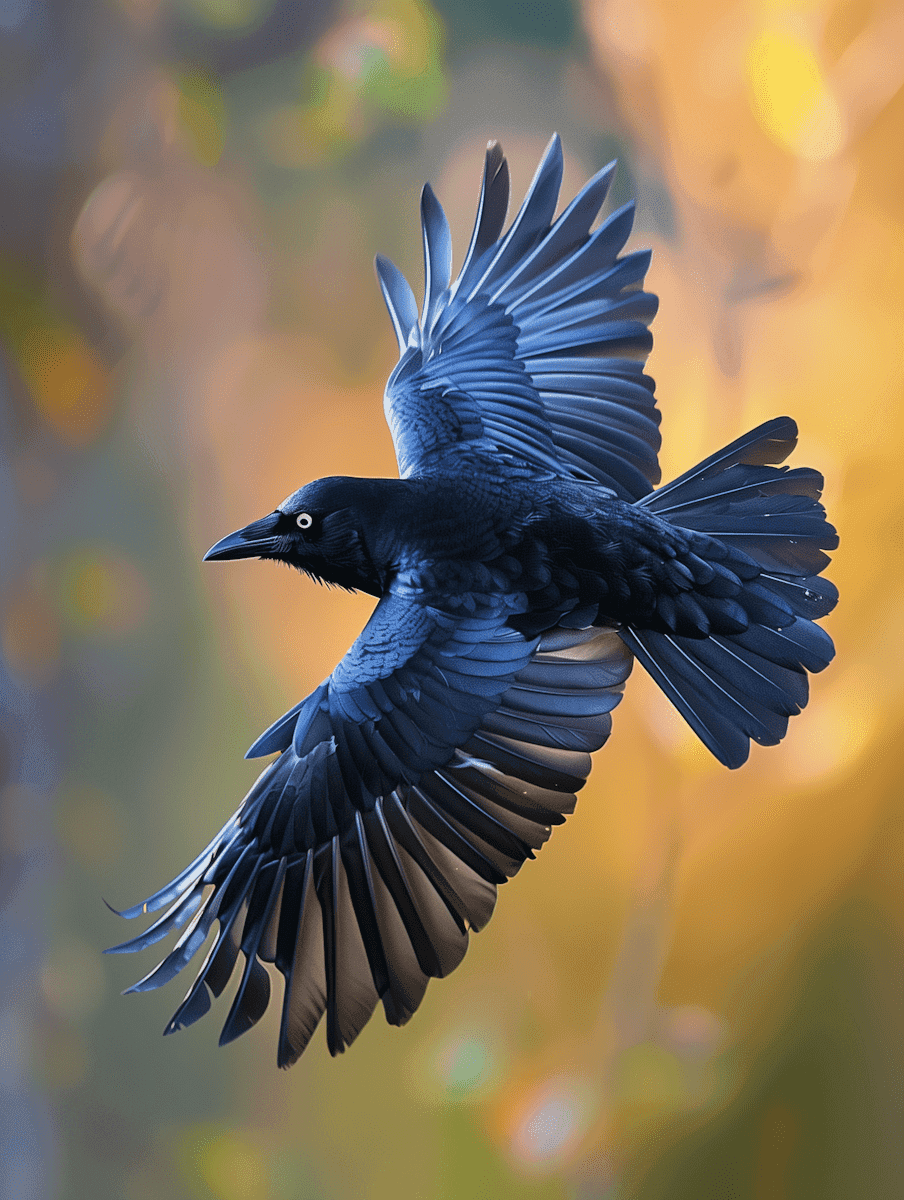 Black bird flying high with wide wings against a warm, sunlit background.