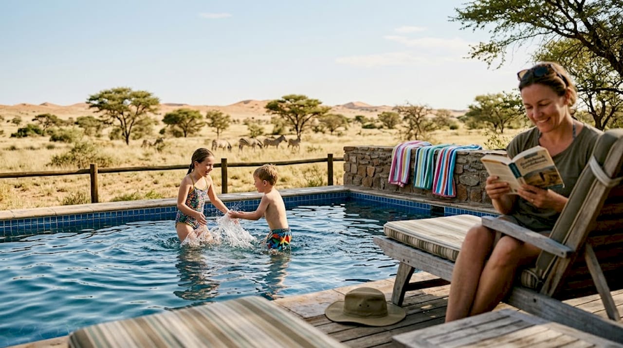 Children playing in safari lodge pool Namibia
