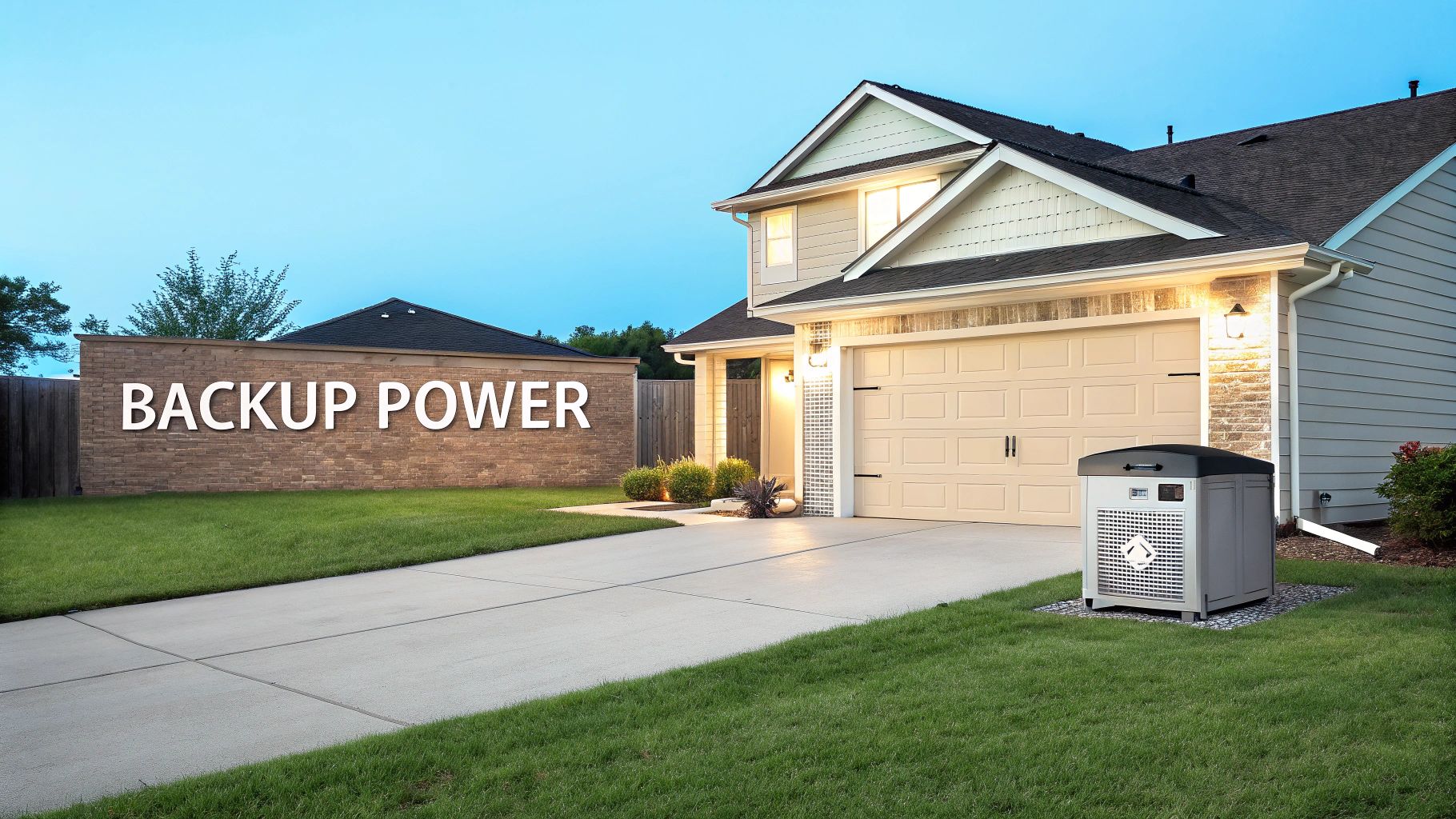 a well lit home and a front yard with a brick wall displaying 'backup power'