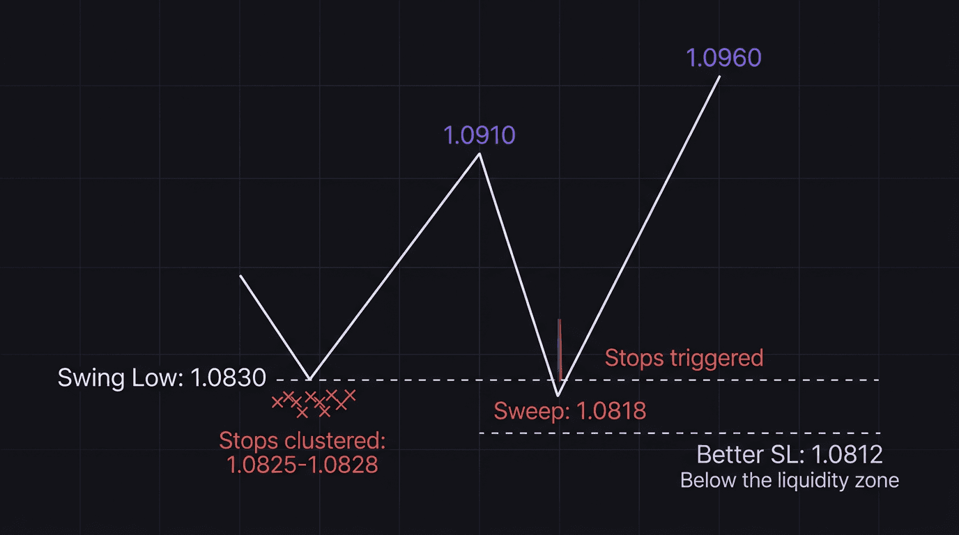 Diagram showing liquidity sweep below swing low that stops out a trader before price continues higher