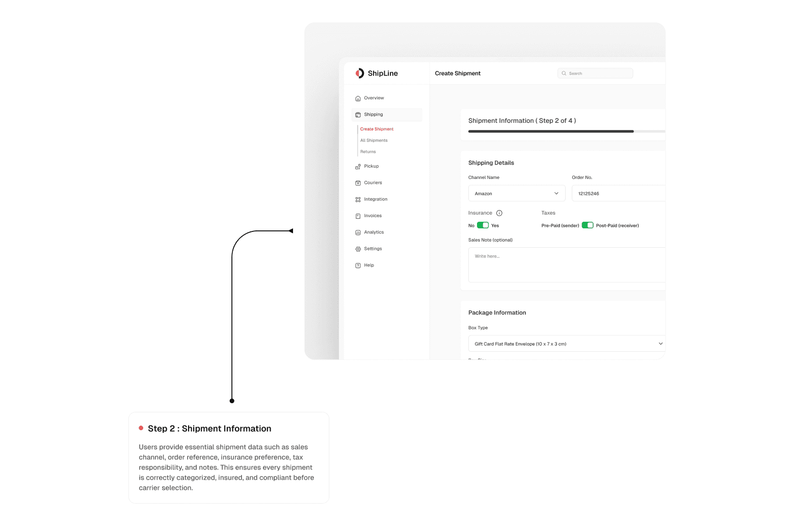 Create Shipment screen showing Step 2 Shipment Information with shipping details and package information form