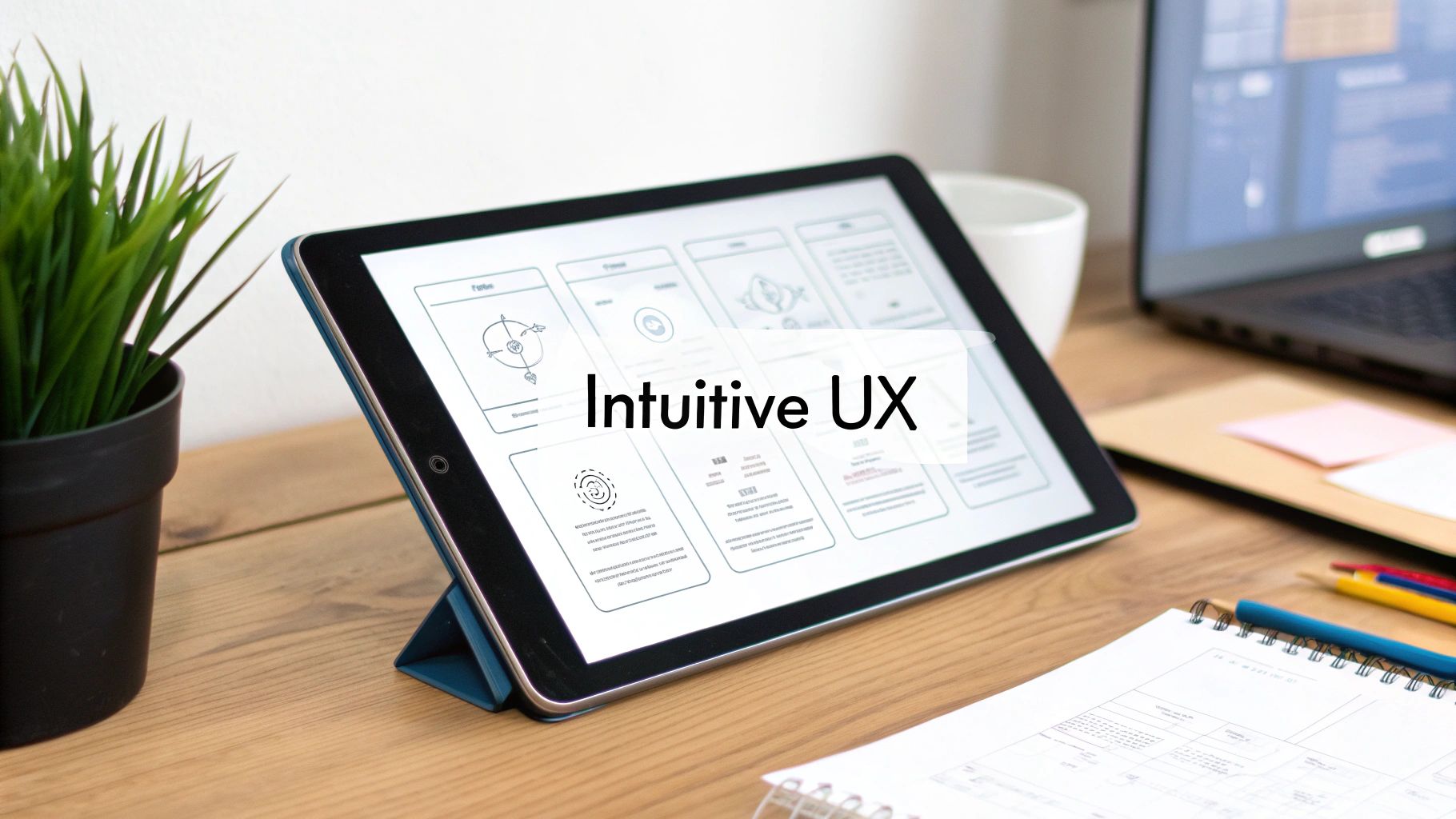 A designer using a visual, drag-and-drop editor to build an app's features and logic on a large screen.