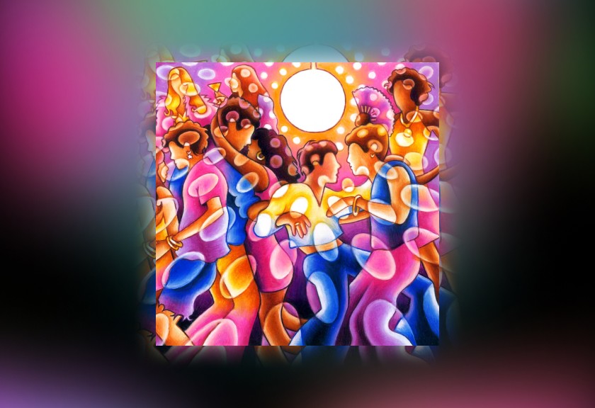 Bright, retro baby shower invite design with bold, bubbly text and colorful floral illustrations on a hot pink and teal background.