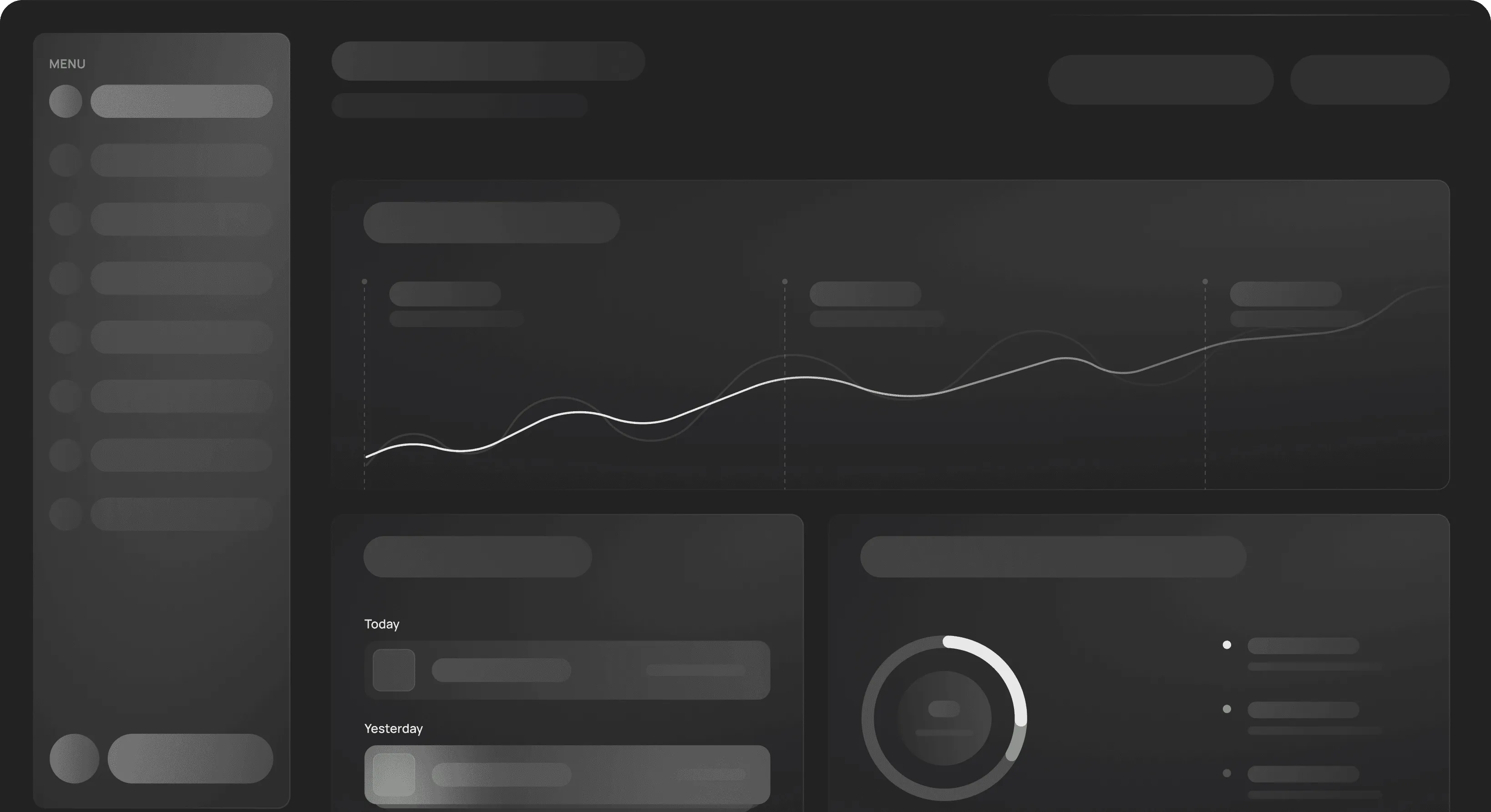 This image depicts a sleek, dark-themed dashboard interface featuring a line graph displaying data trends, various data panels, and a circular progress chart, designed for analytics and data visualization.