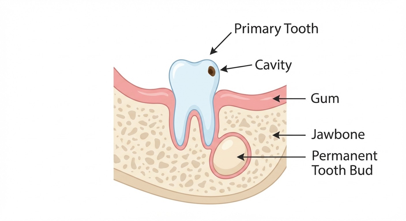 Baby tooth cavity and permanent tooth bud diagram