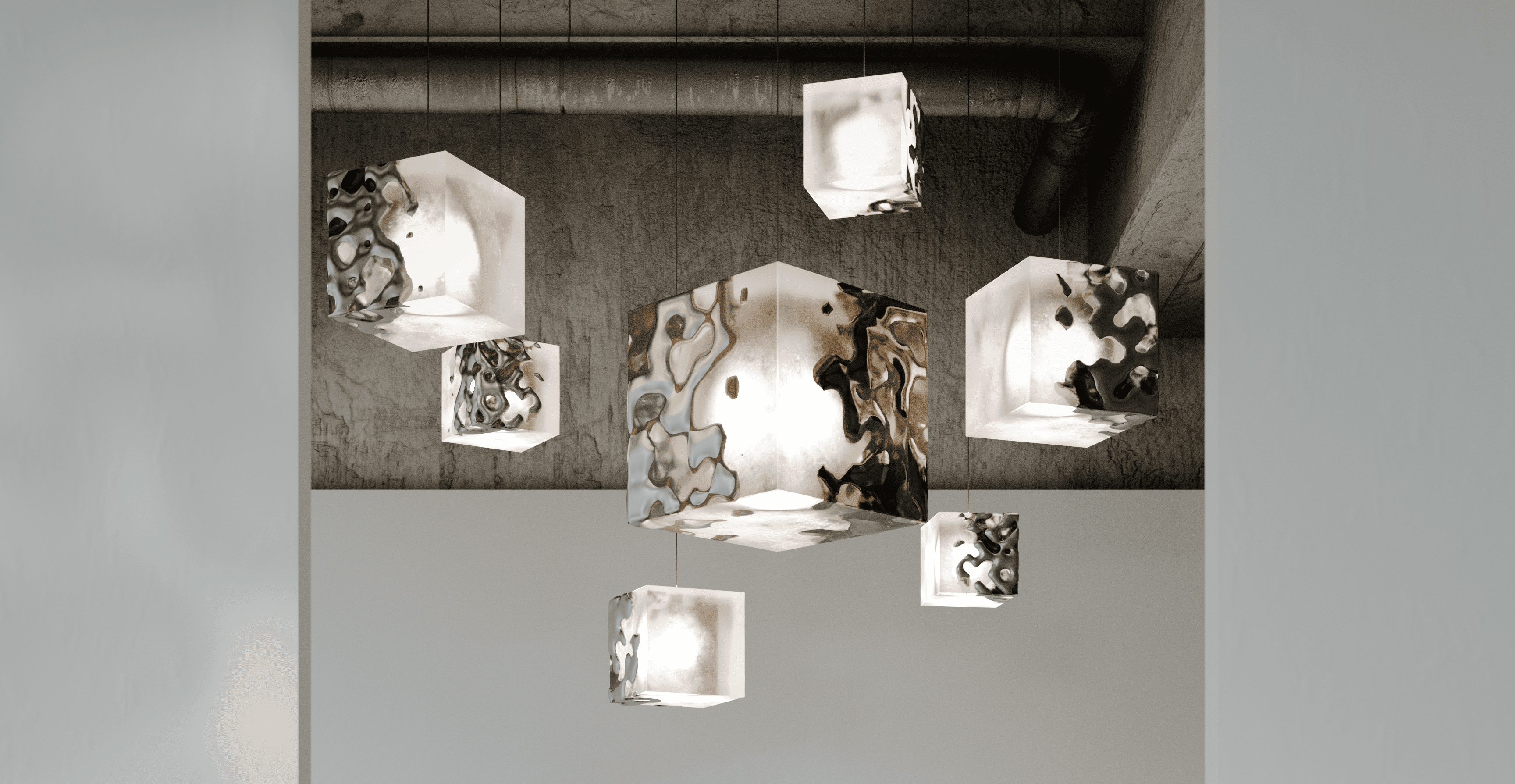 Rendu 3D composition de luminaires cubiques suspendus en résine marbrée, design d'objet sculptural — Aure Moukala
