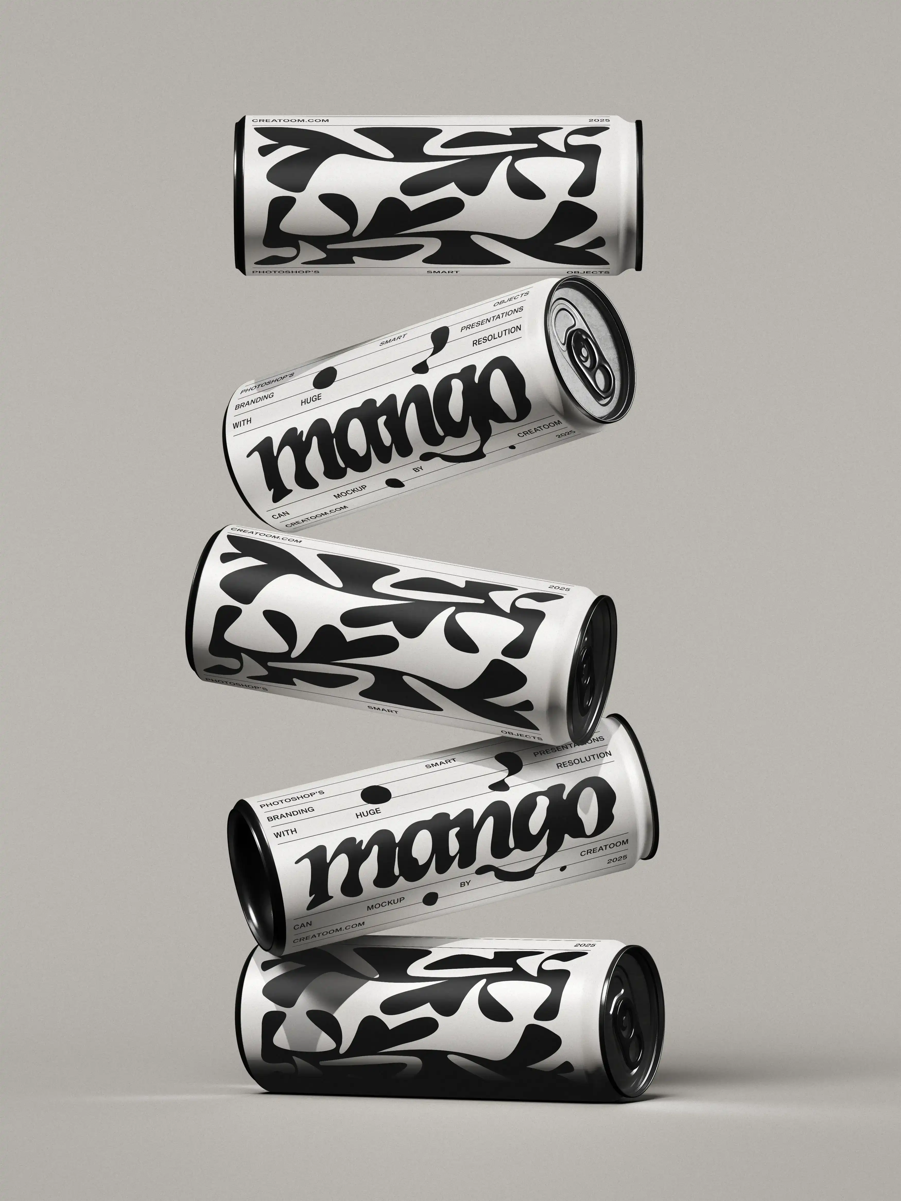Two floating cans with abstract black graphics and bold typographic labels