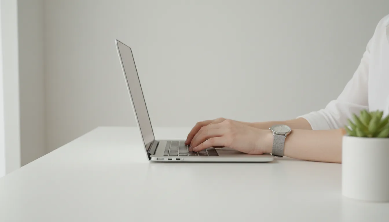 DSLR photograph, minimalist composition from a side profile view. A person's hands are typing on a slim, silver laptop placed on a clean white desk. The background is a plain, off-white wall creating ample negative space. The scene is illuminated by soft, bright, natural daylight. In the lower right corner, there is a small green succulent in a simple white pot. The person wears a silver mesh watch. The focus is sharp on the hands and the laptop, with a slightly soft background.