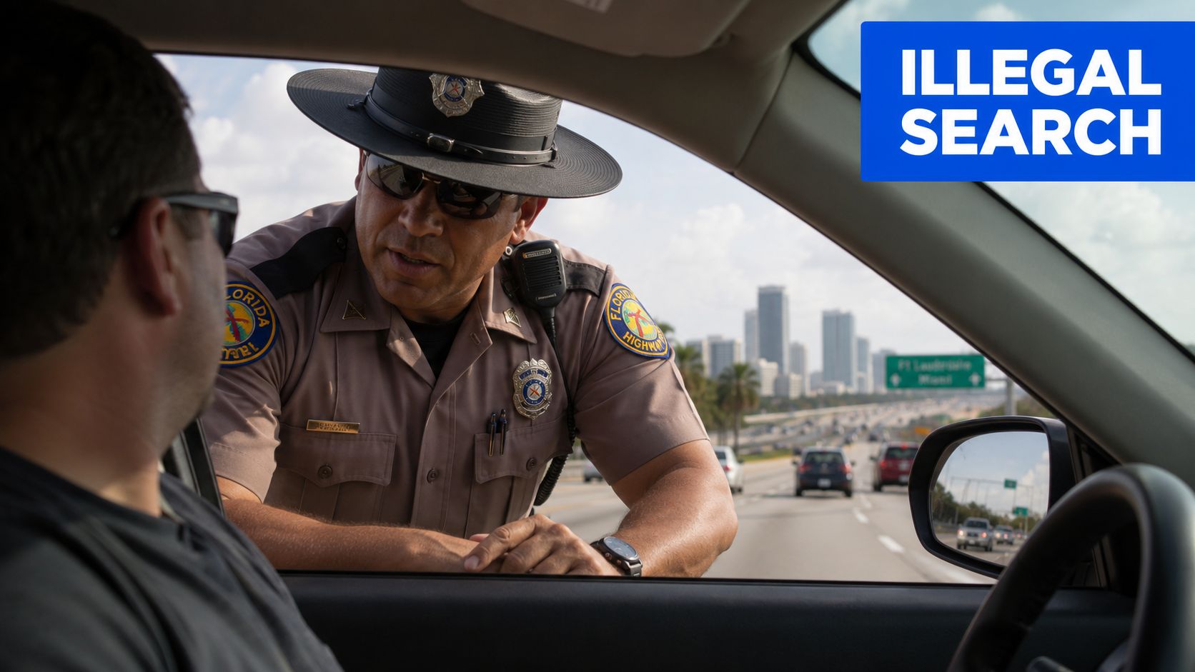A Florida Highway Patrol officer talks to a driver through the car window on a highway.