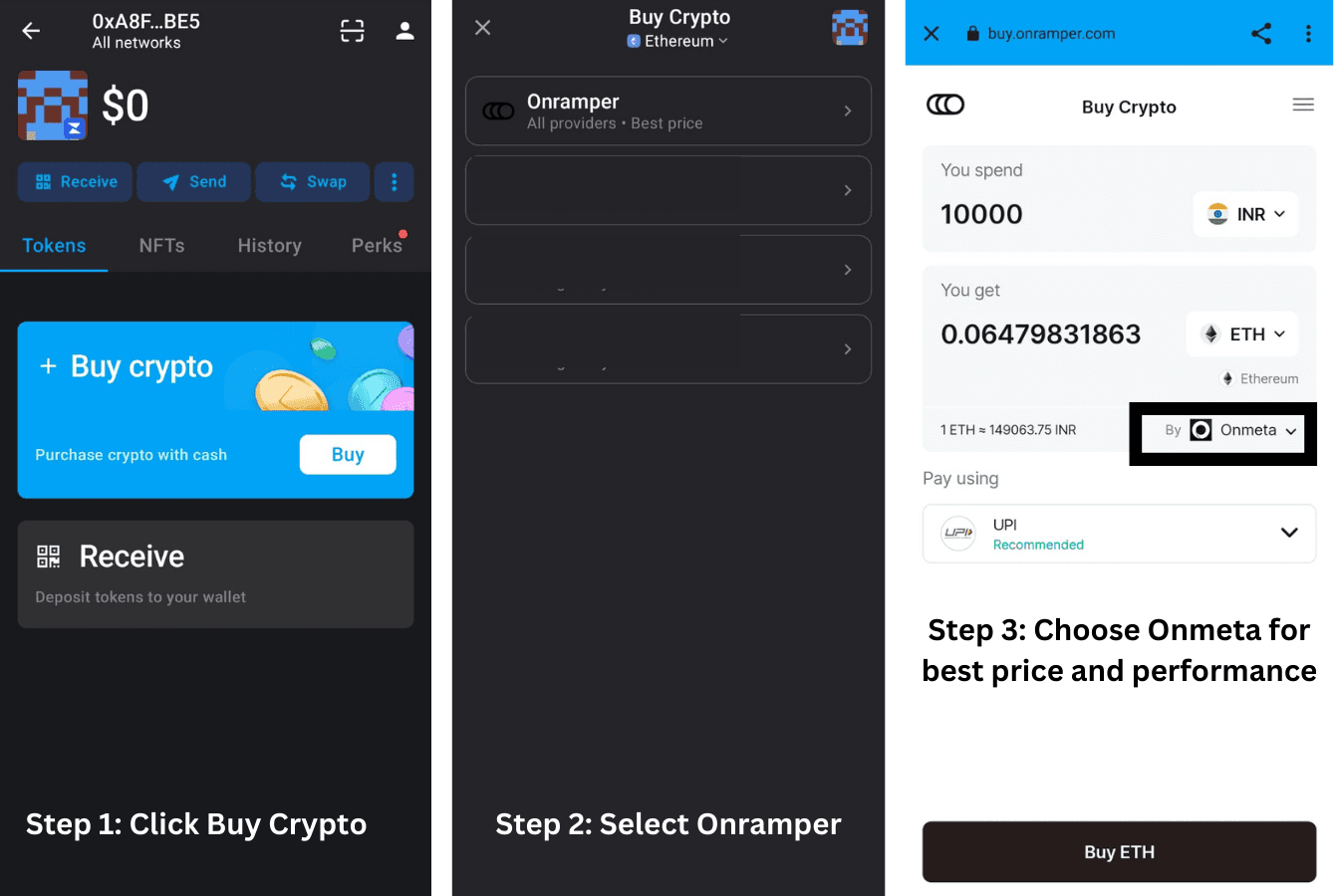 Buy crypto on Zerion via Onmeta