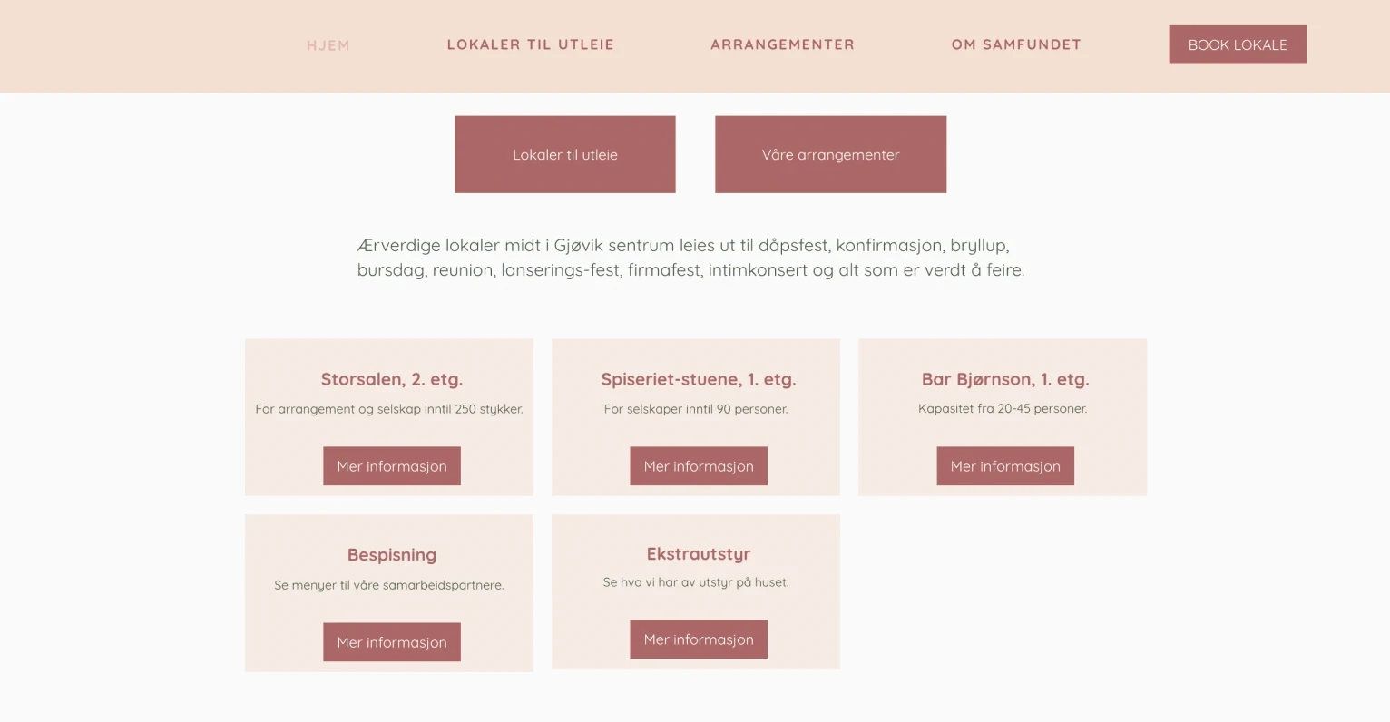 The earlier Samfundet Gjøvik website: venue cards with low-contrast pink buttons and text