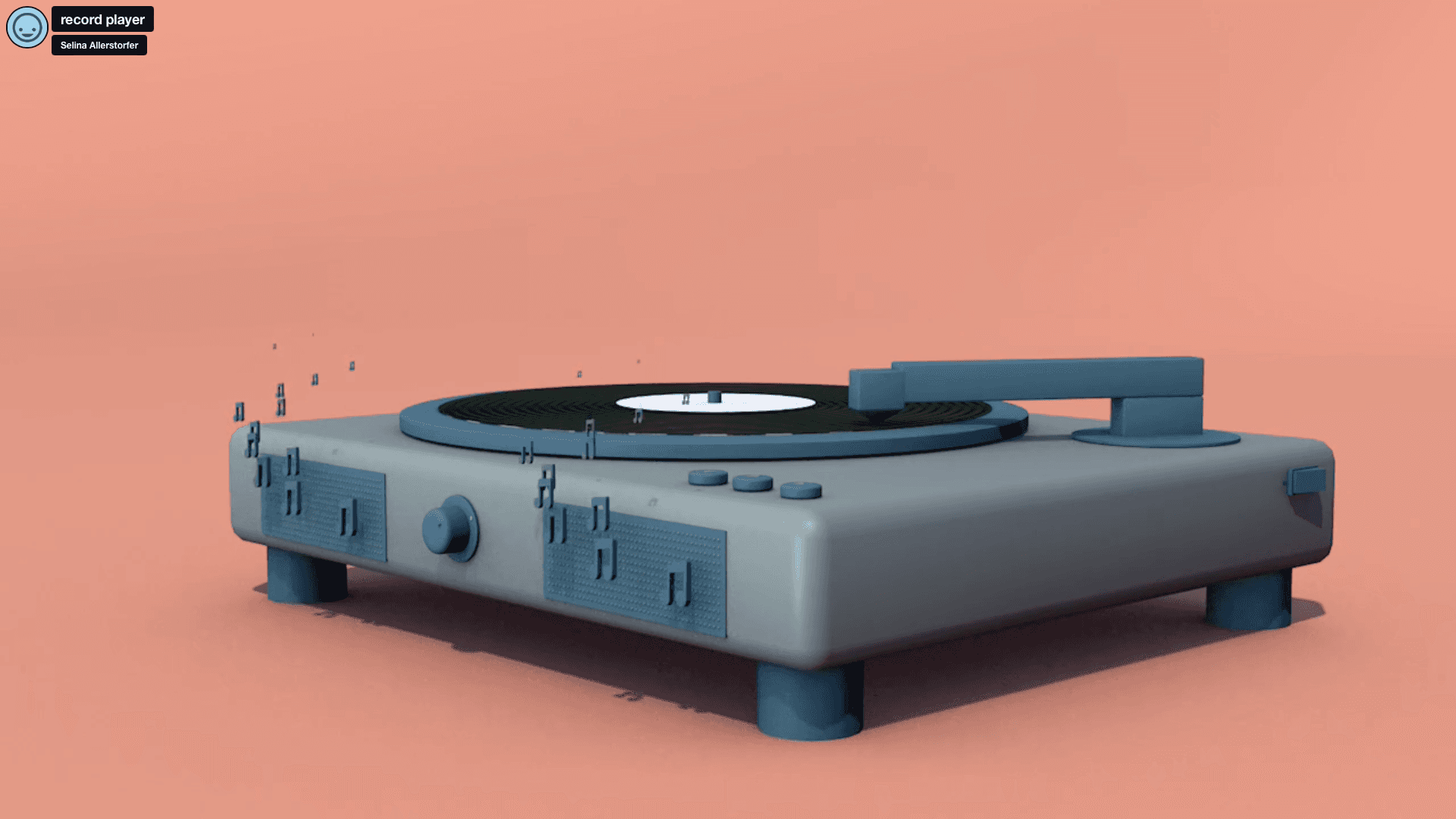 Still of the 3D Animation showing the record player with music notes