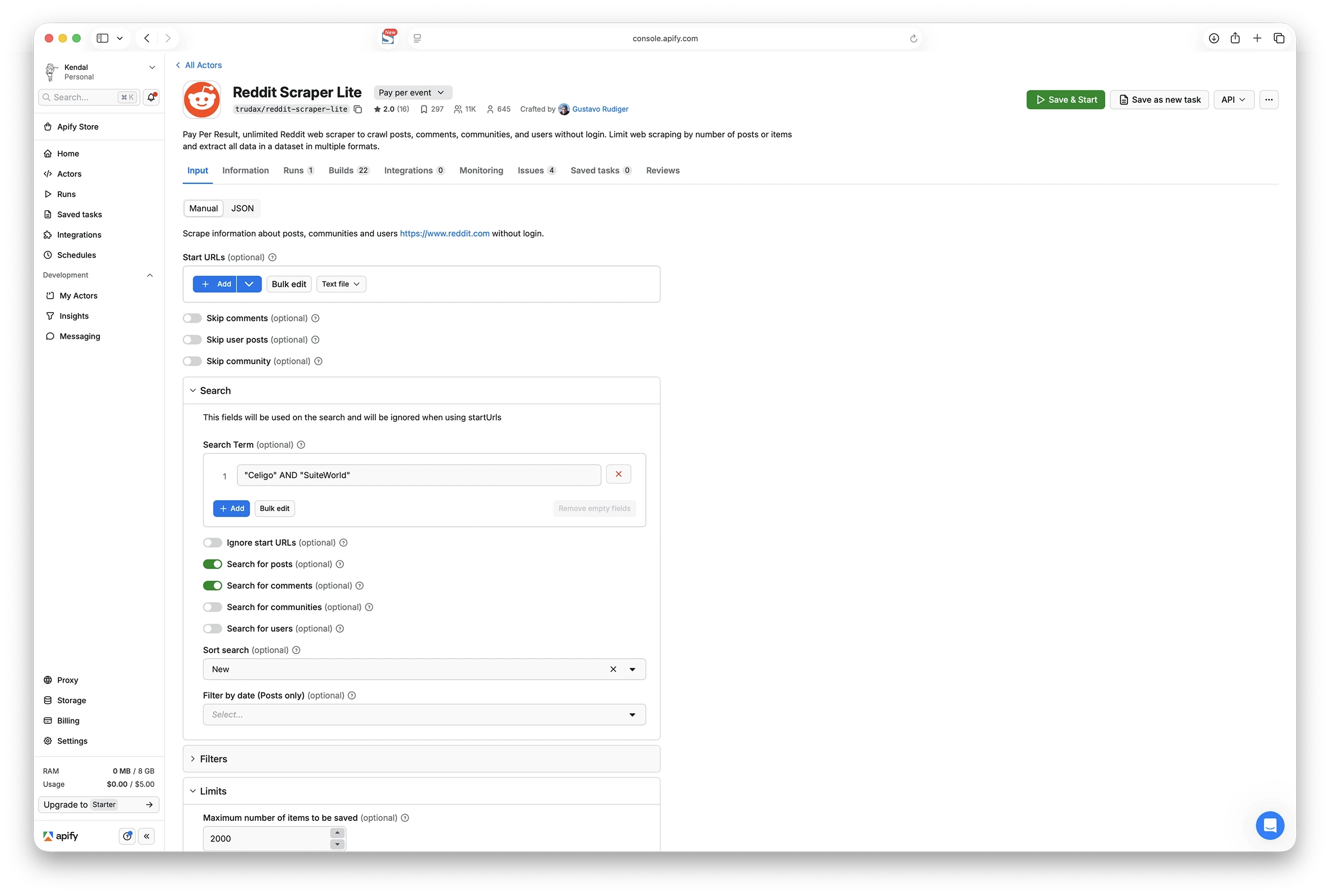 Screenshot: Apify Reddit Scraper configuration interface showing search terms and limits