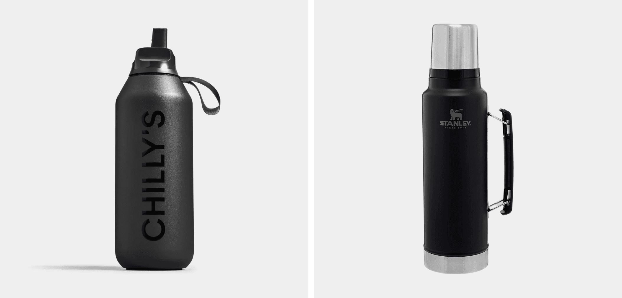 Side-by-side image of two black insulated bottles — a Chilly’s water bottle on the left and a Stanley thermos on the right.