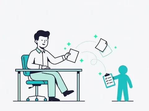 Illustration of a person handing a briefing card to a small helper with a clipboard