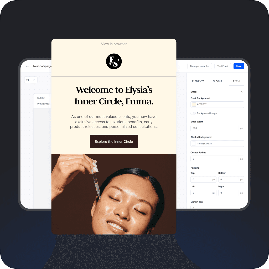 Blown-up email template for Elysia Skincare displayed in a no-code marketing builder, featuring customizable options for layout, style, and branding. The email welcomes the recipient to Elysia’s Inner Circle with exclusive benefits and product releases.