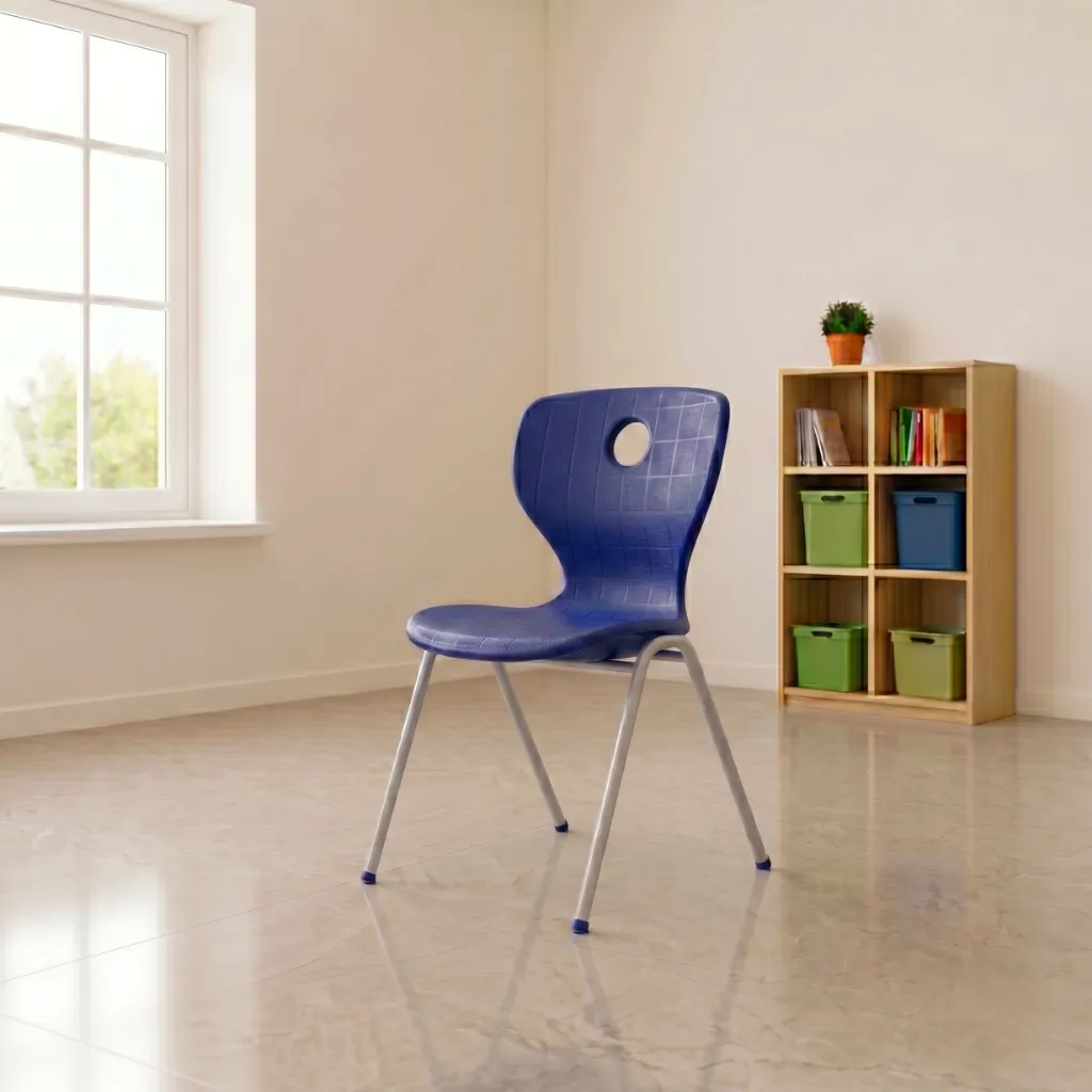Blue plastic school chair with metal frame made in Turkey