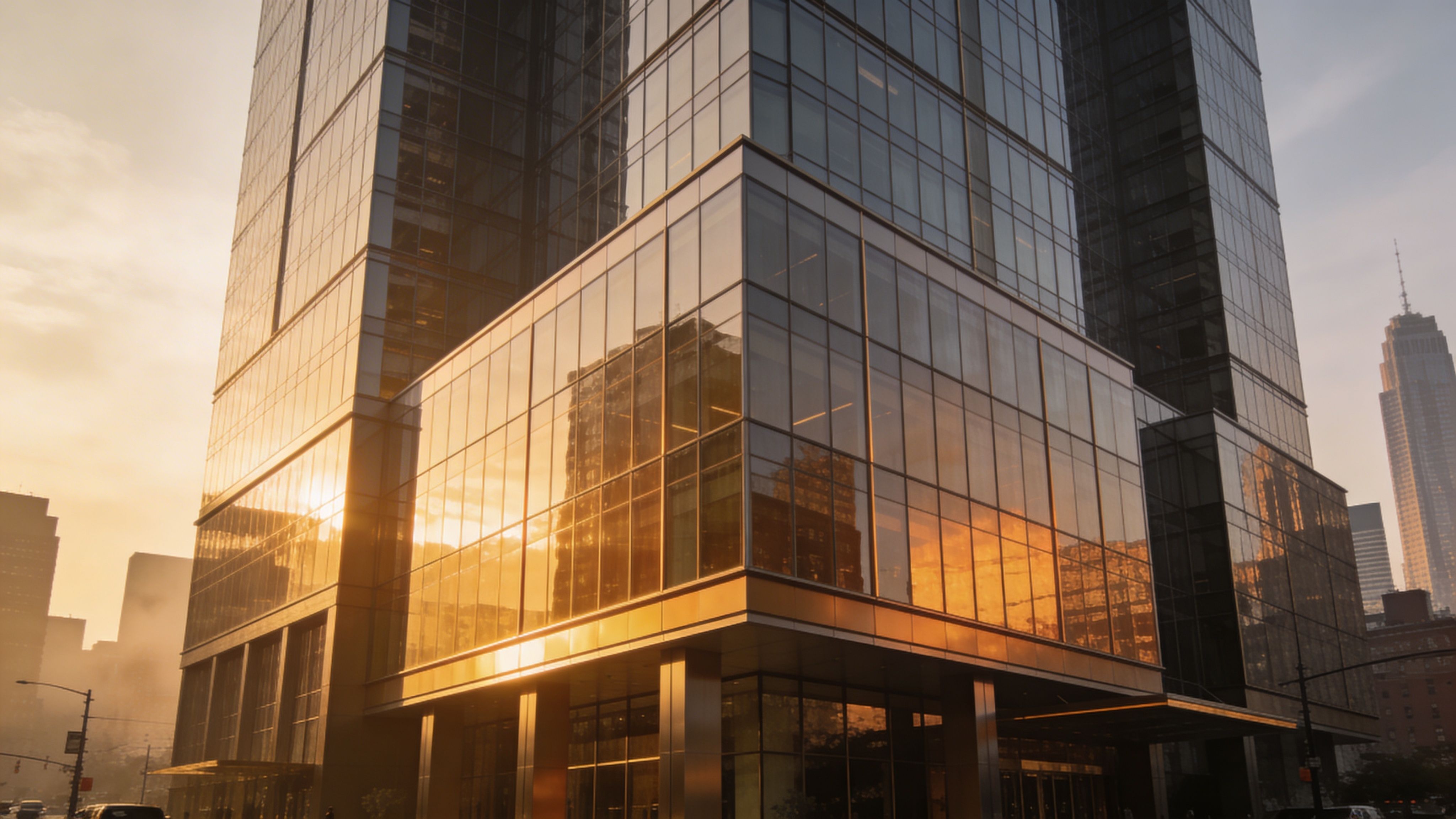 Contemporary glass office building exterior reflecting sunset with urban skyline backdrop