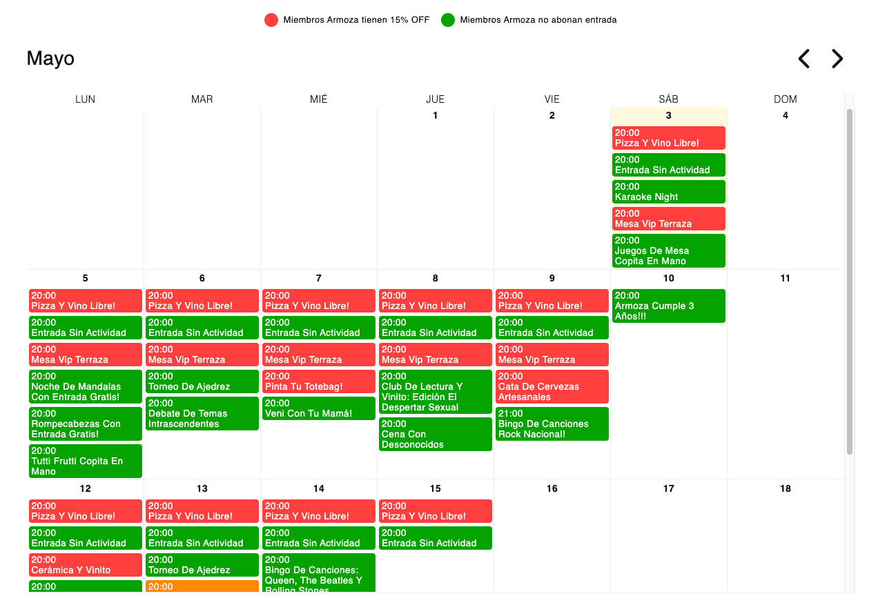 calendario con todos los eventos disponibles en tu club