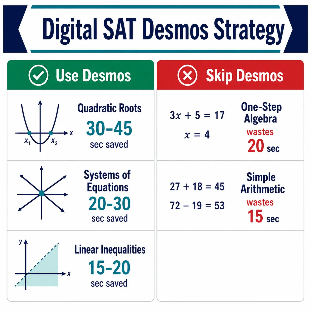 Digital SAT Desmos calculator strategy guide showing when to graph quadratics and systems versus solving algebra by hand to save time on math section.