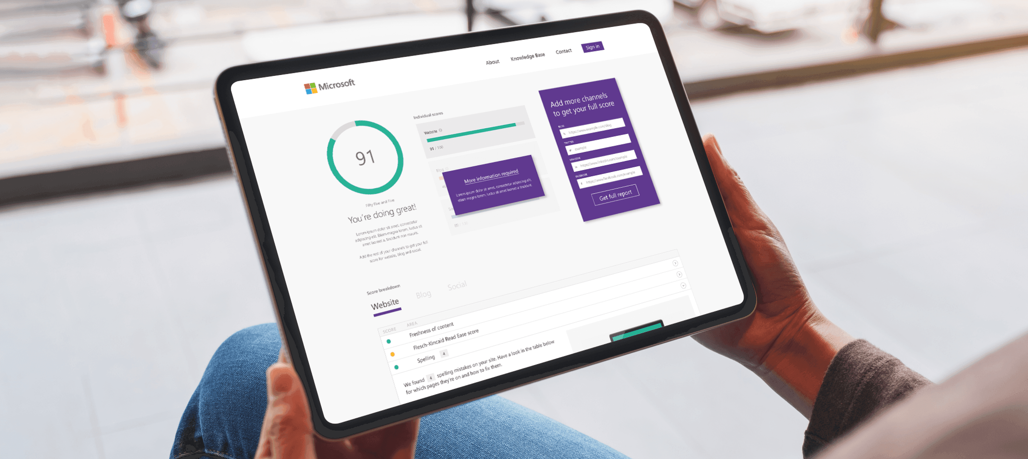 A person holding a tablet displaying a Microsoft dashboard with a score of 91 and form elements in purple, indicating digital performance metrics.