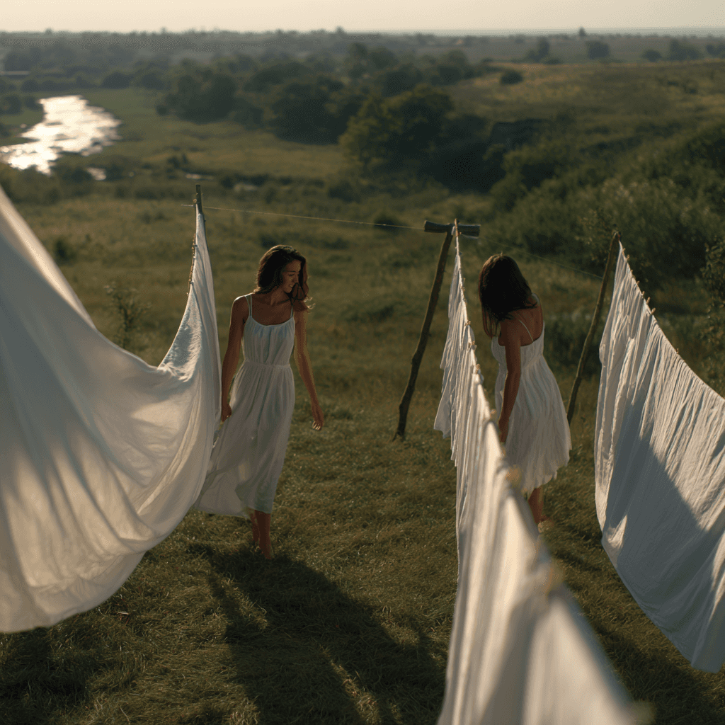 Two women in windy field with white cloths