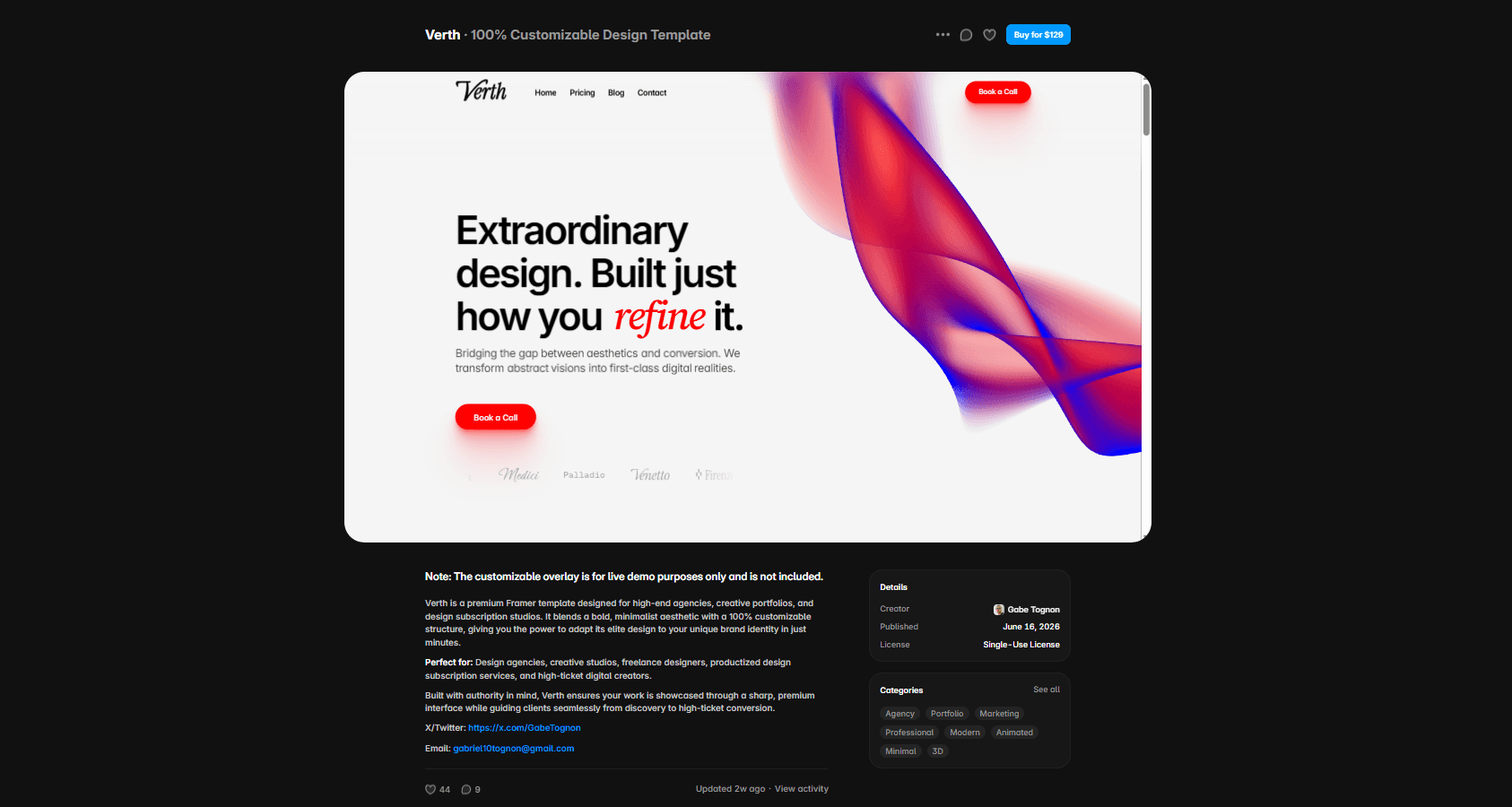 Verth Framer template marketplace page showing its description, creator details, license, categories, and included features