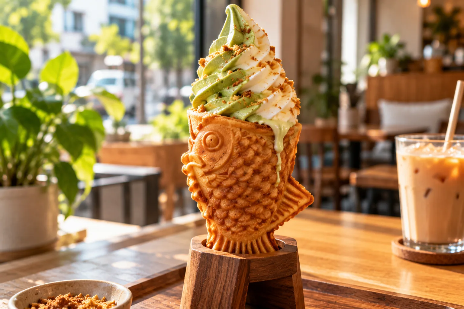 Taiyaki soft-serve cone with ice cream in the fish's open mouth