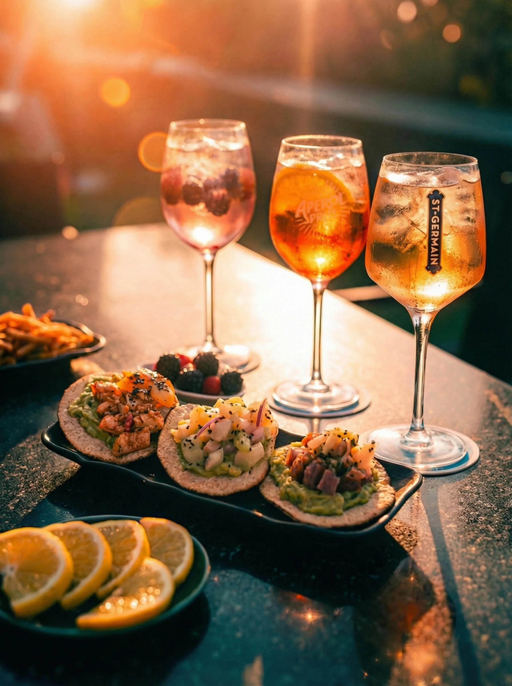 Atracados - Bebidas cócteles y tostadas de camarones en ambiente elegante al atardecer
