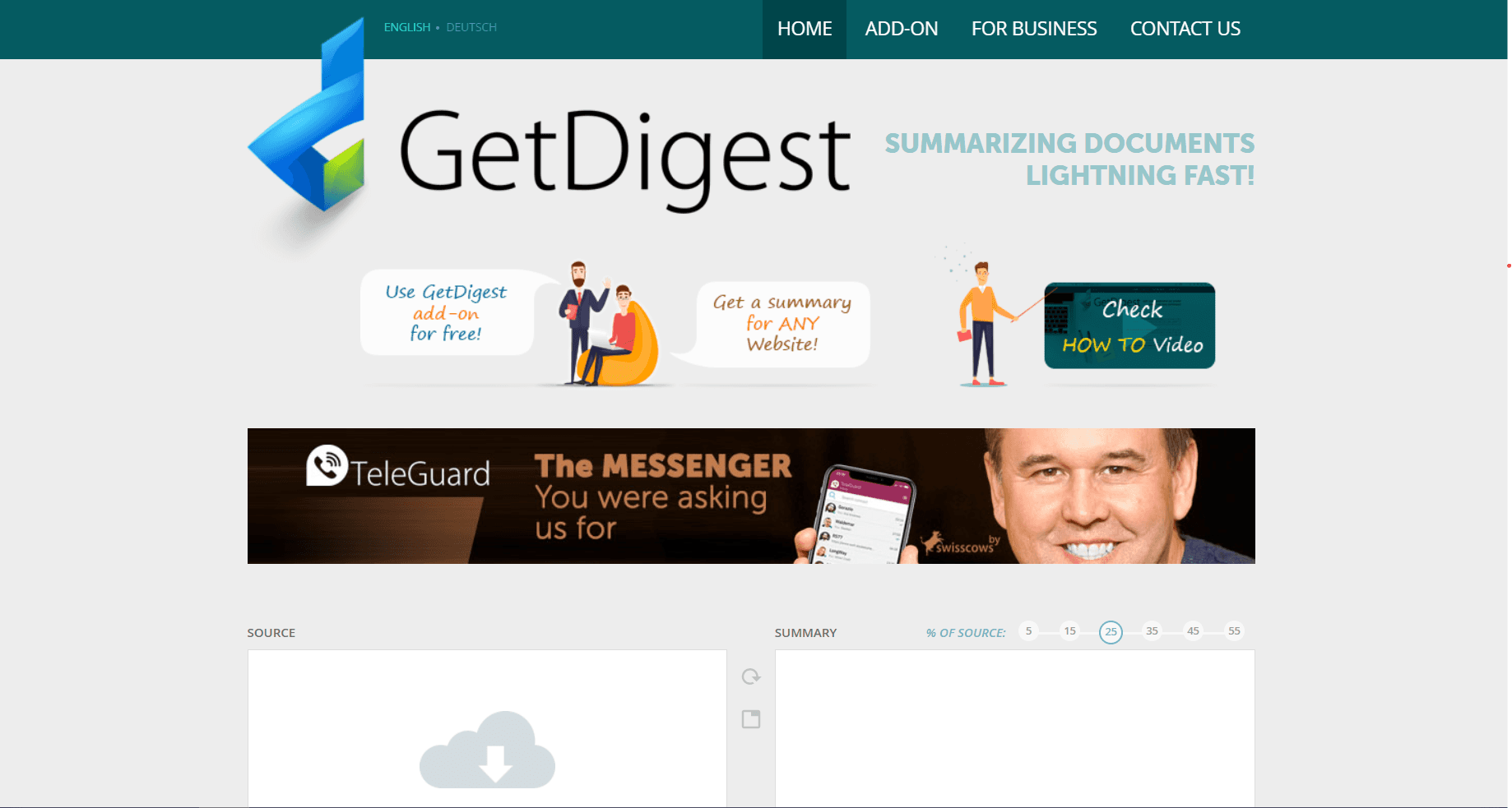 Homepage screenshot of GetDigest, a document summarization tool, featuring the tagline “Summarizing documents lightning fast!” and a source-to-summary interface.