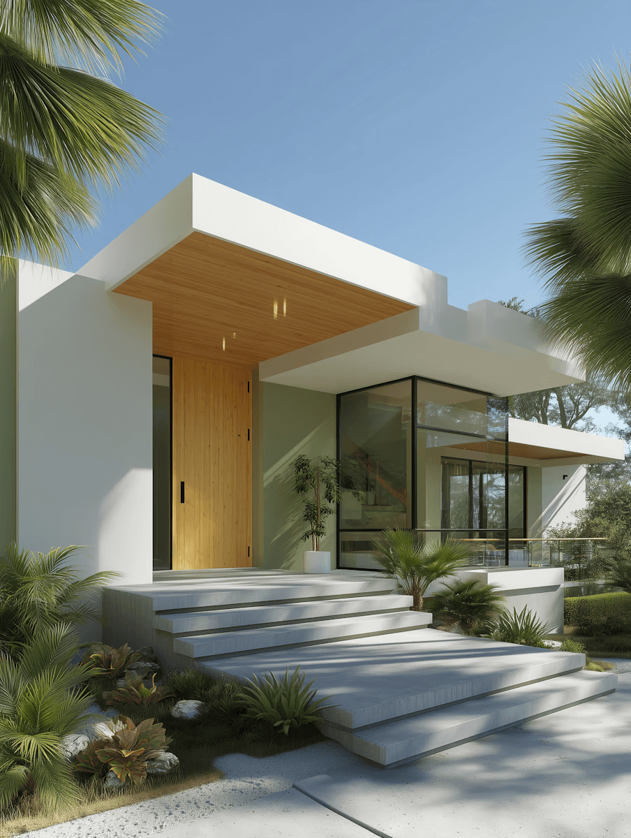 Modern house exterior with large glass windows, wooden accents, and landscaped surroundings. Steps lead to the entrance.